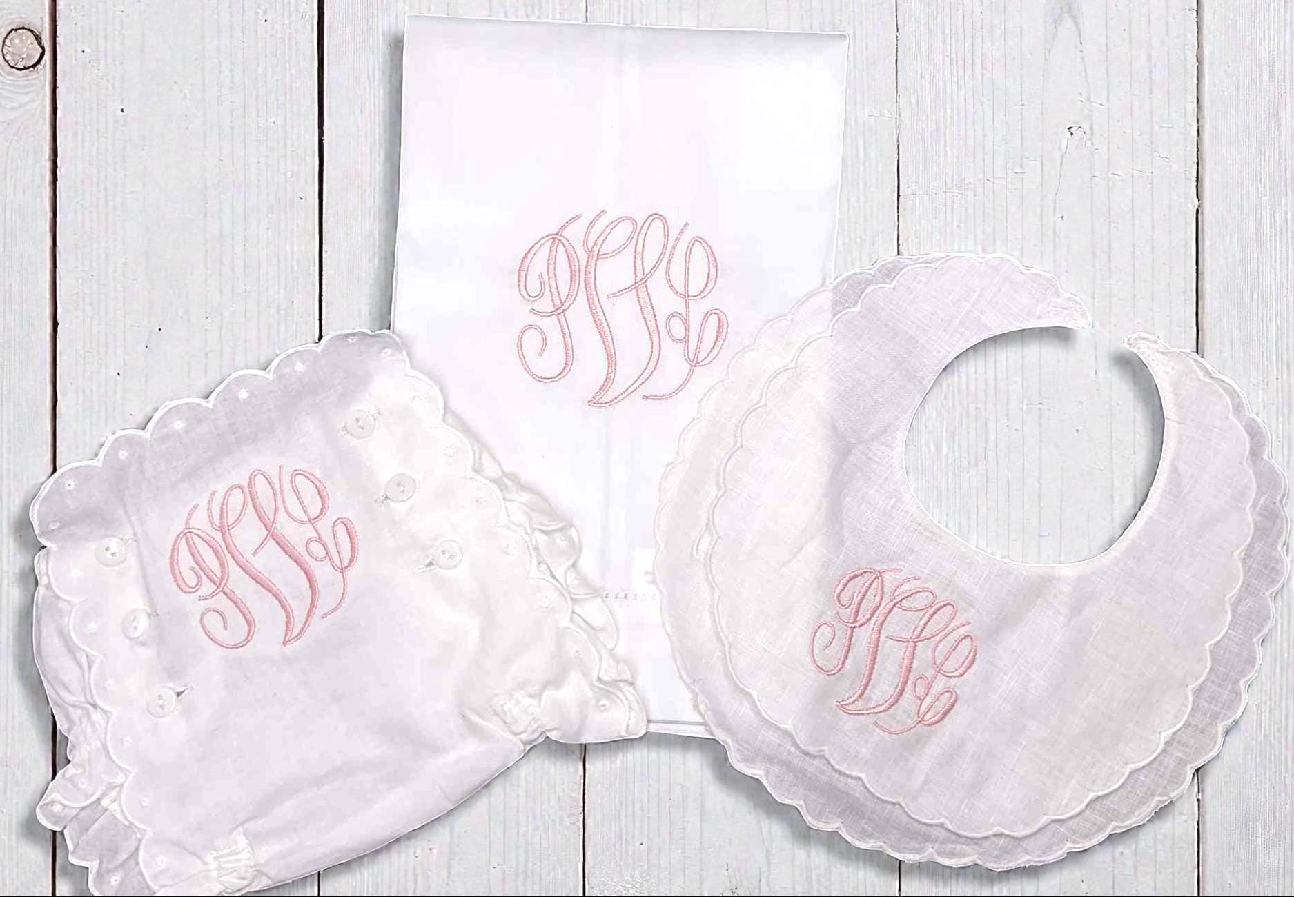 Personalized Baby Girl Bib, Burp Cloth & Bloomers Set, Scalloped Monogram Cotton