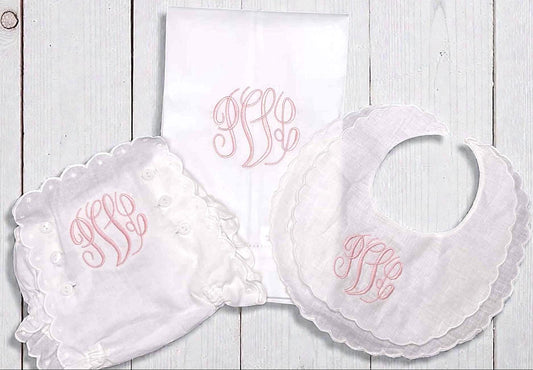 Personalized Baby Girl Bib, Burp Cloth & Bloomers Set, Scalloped Monogram Cotton