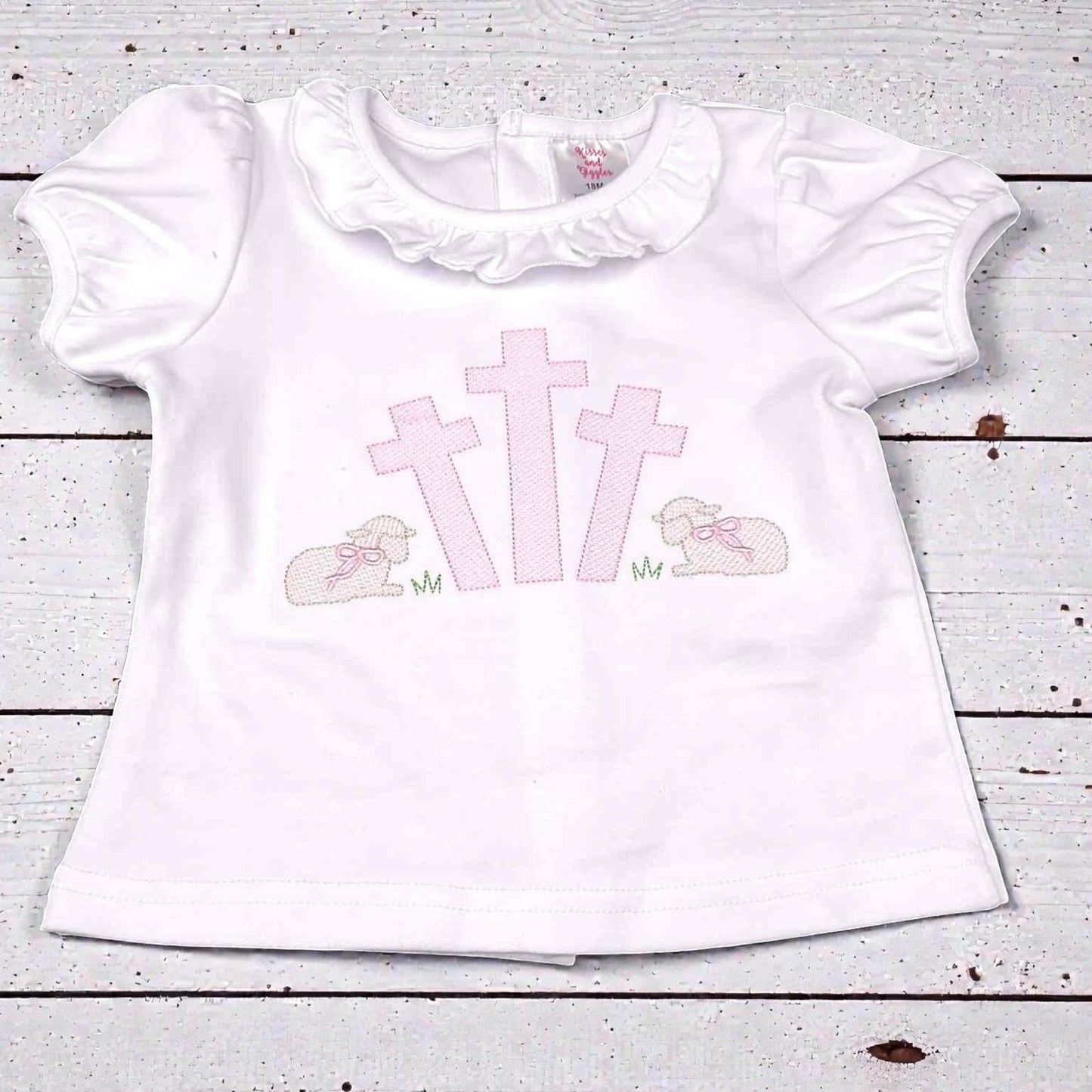 Girls Easter Shirt – Embroidered Cross & Lamb Ruffle Top