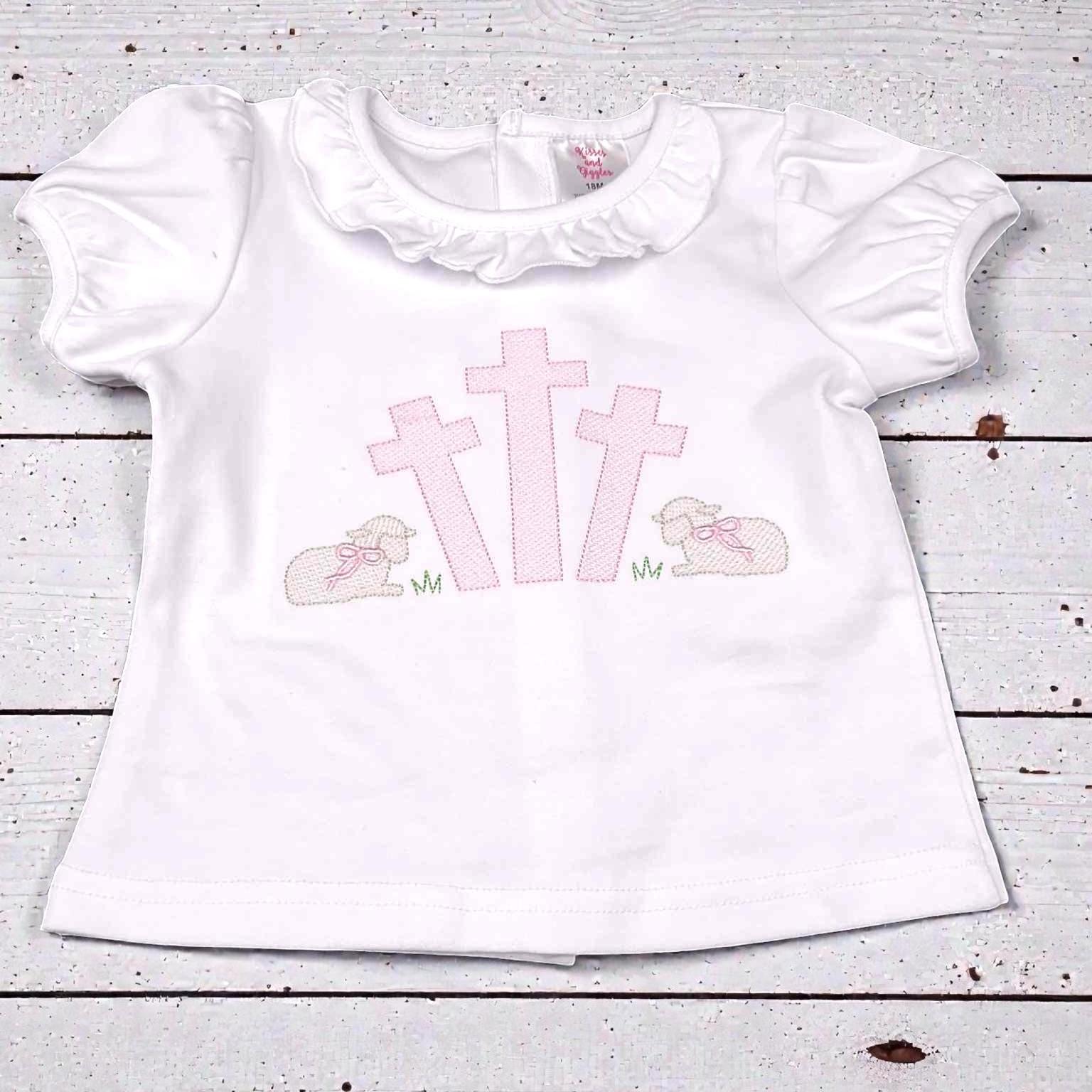 Girls Easter Shirt – Embroidered Cross & Lamb Ruffle Top