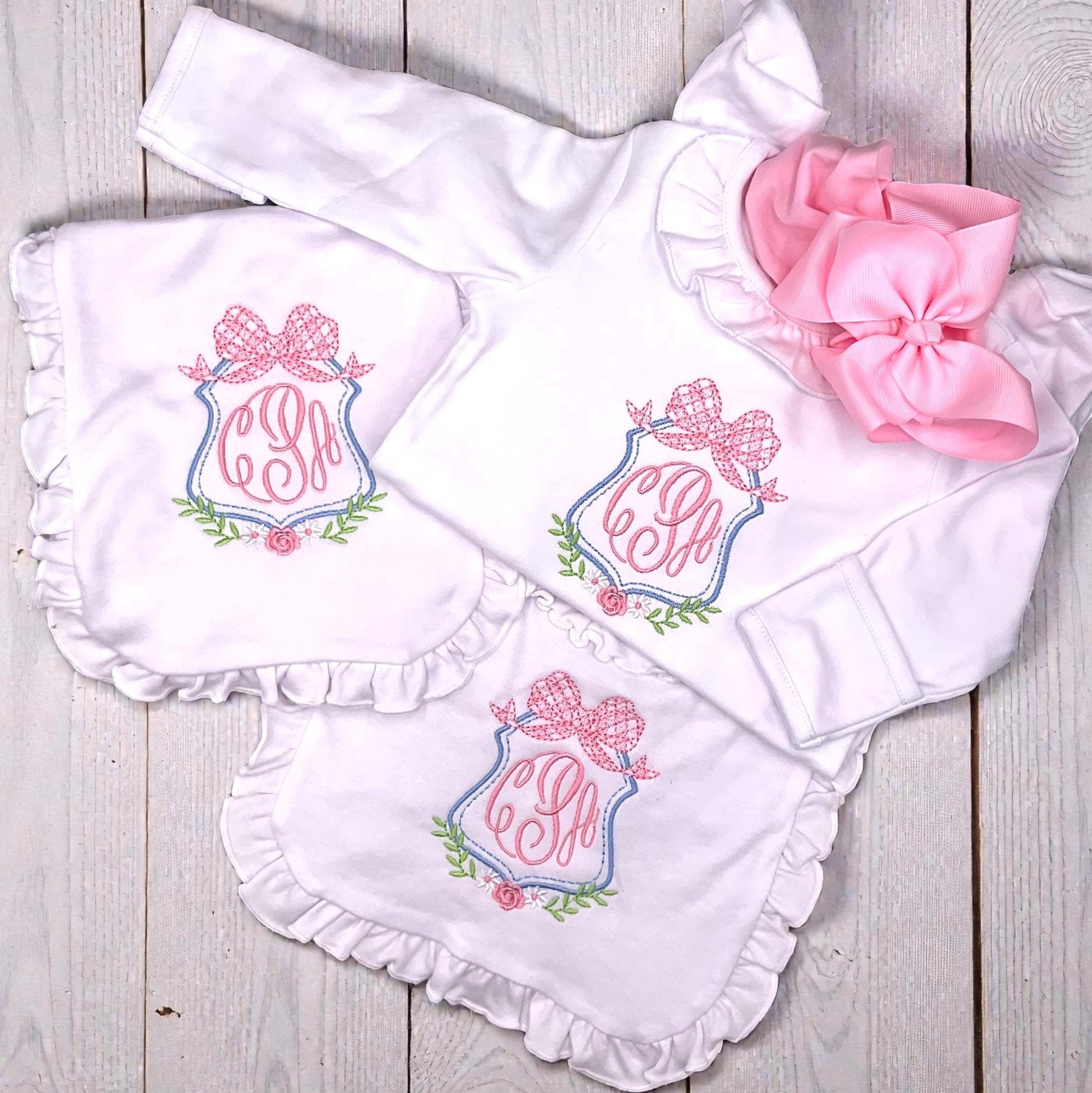 Personalized Newborn Footie: Floral Monogram, White Cotton Knit