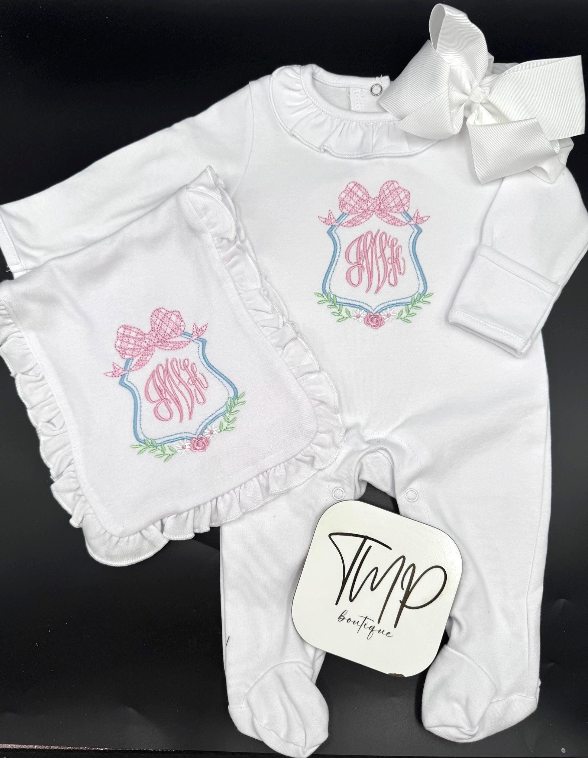 Personalized Newborn Footie: Floral Monogram, White Cotton Knit