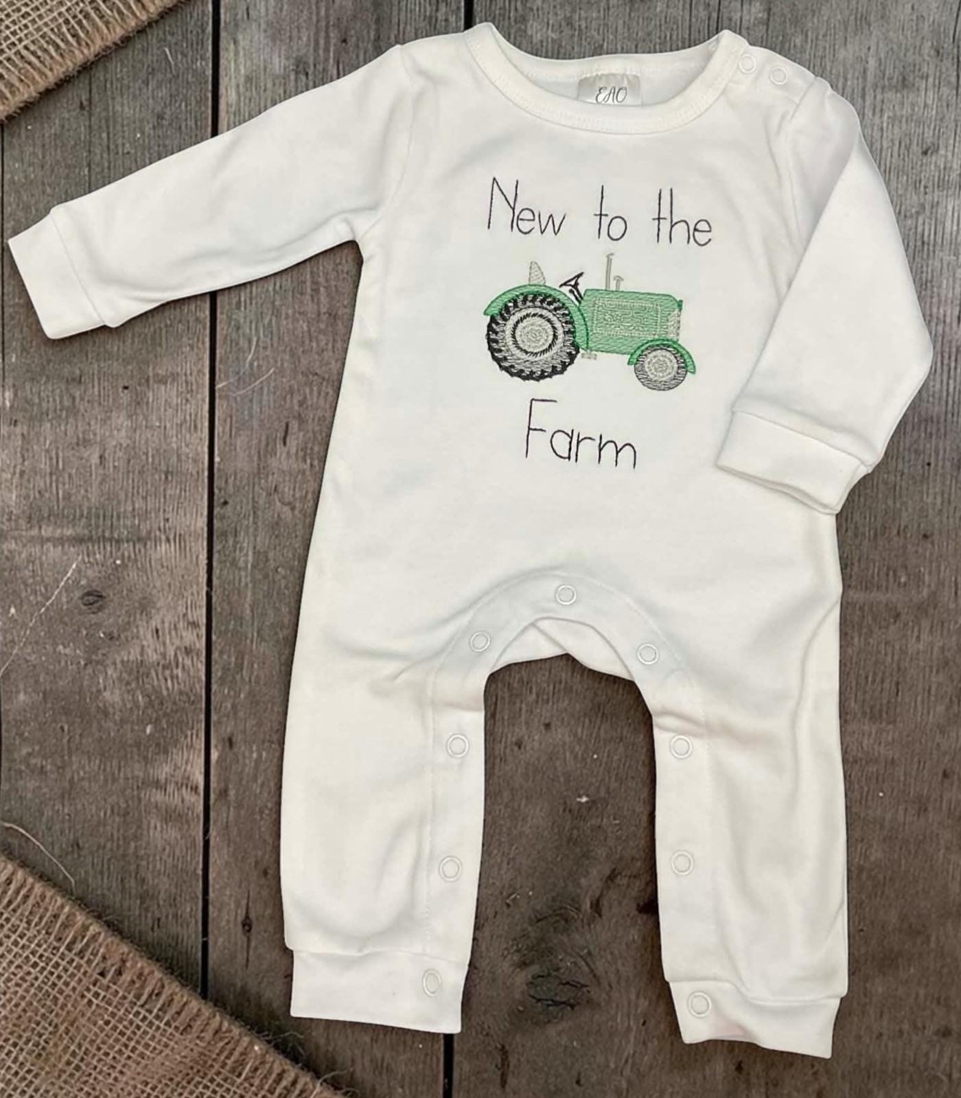 New To The Farm – Tractor Baby Romper | Embroidered Cotton Knit Outfit