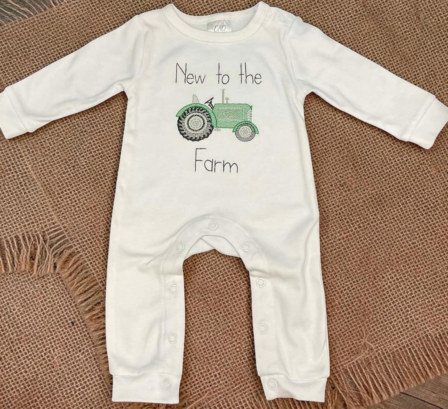 New To The Farm – Tractor Baby Romper | Embroidered Cotton Knit Outfit