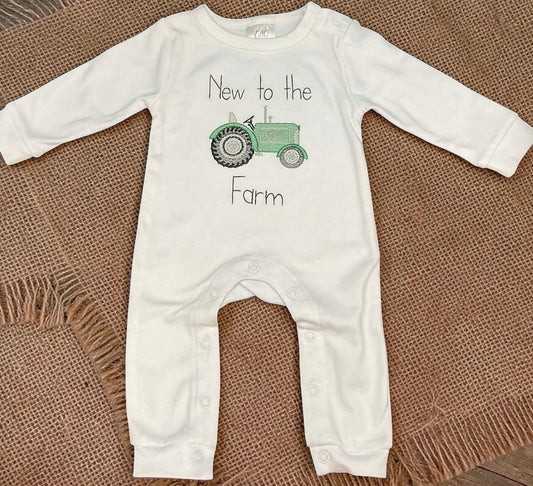 New To The Farm – Tractor Baby Romper | Embroidered Cotton Knit Outfit