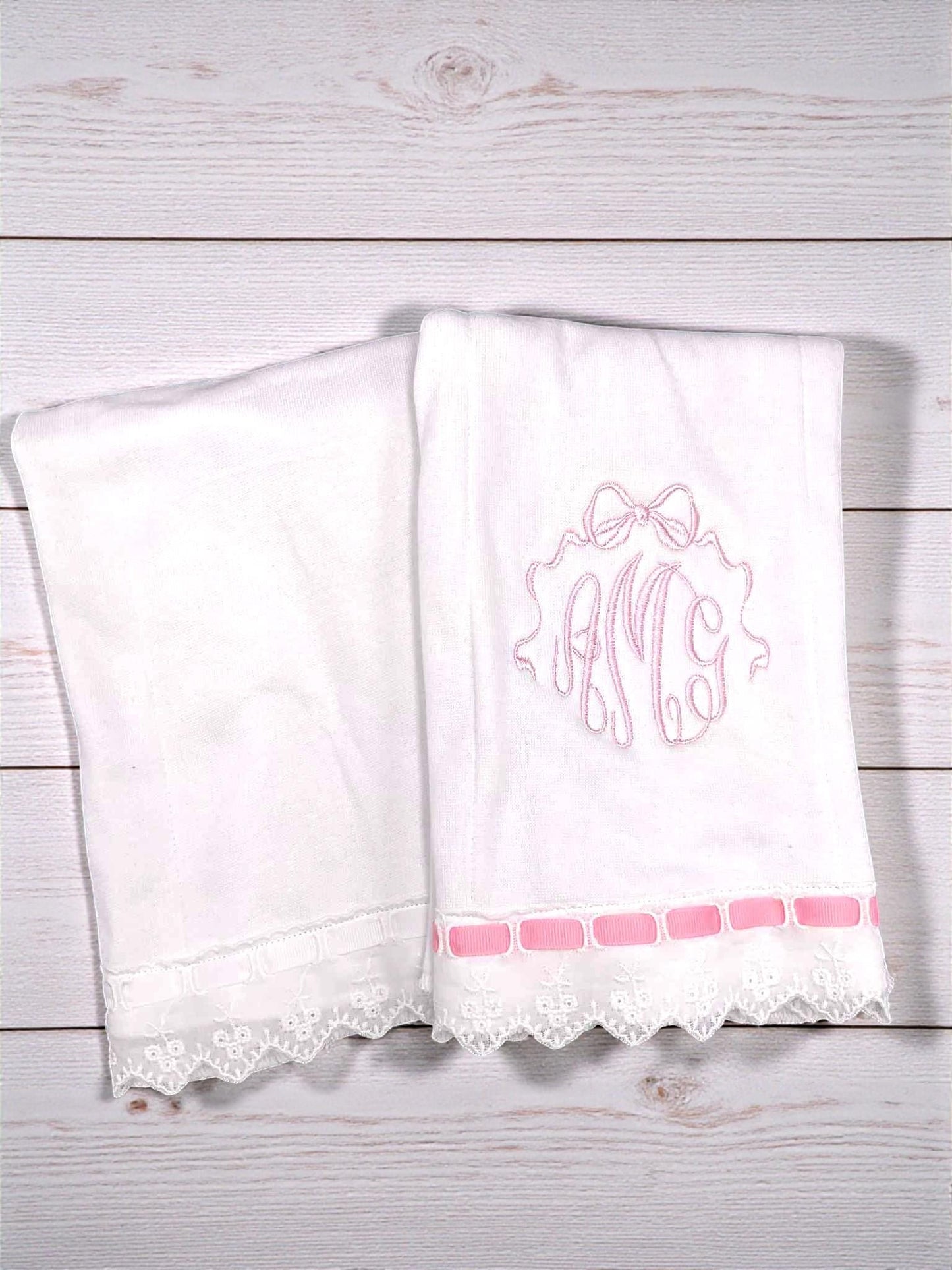 Personalized Christening Burp Cloth, Pink Lace Trim, Embroidered Monogram