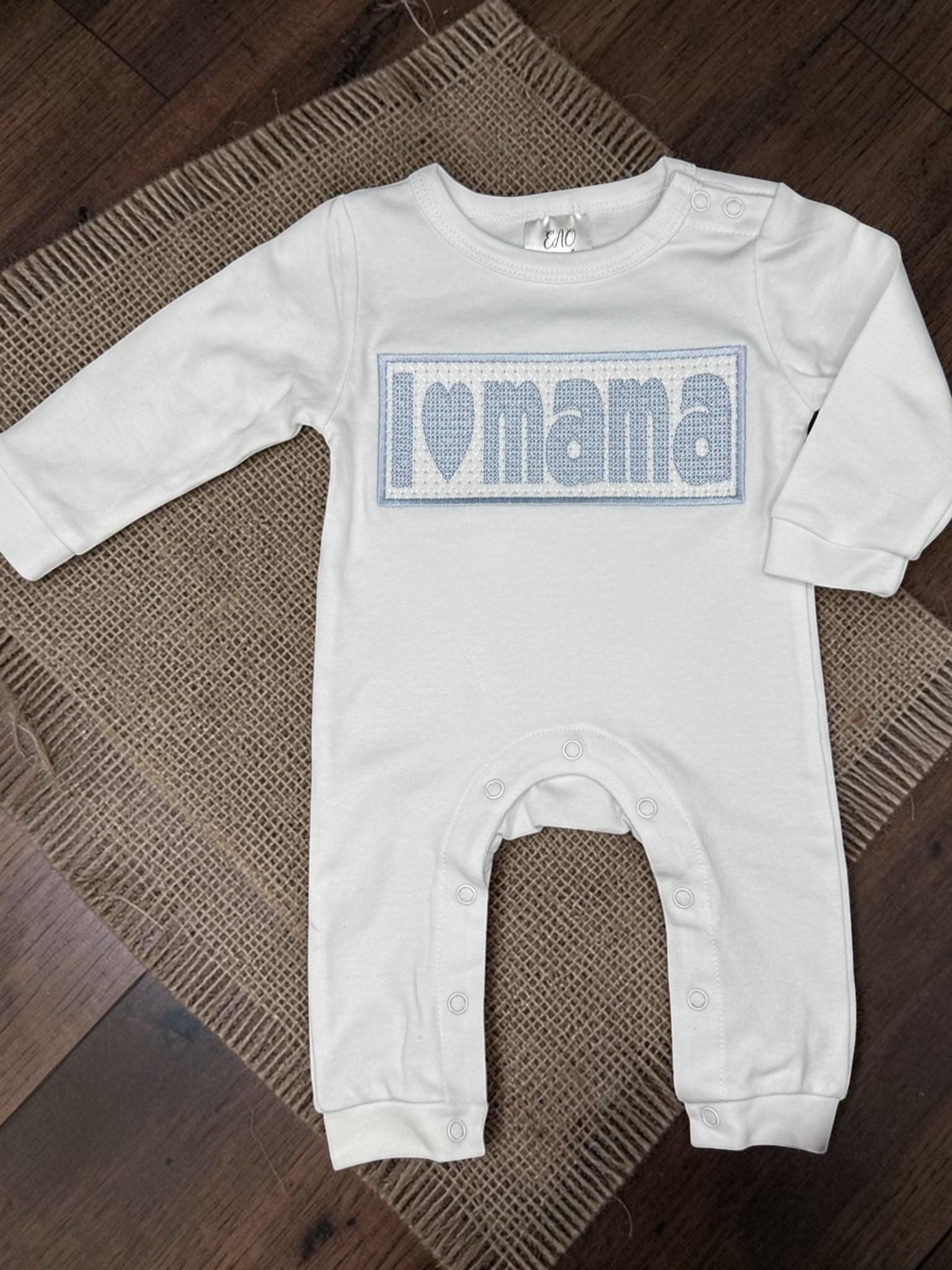 Baby Boy Faux Smocked Romper | "I Love Mama" Outfit, White Cotton Knit