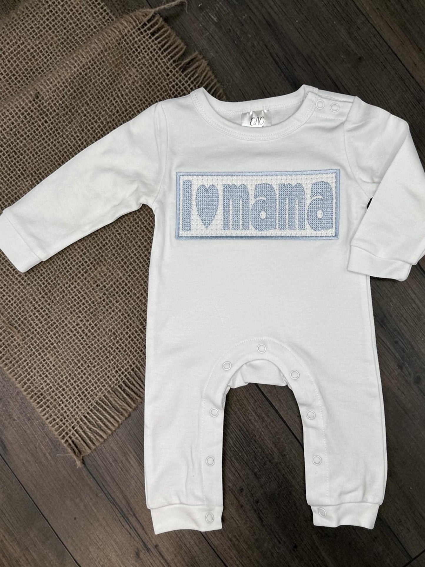 Baby Boy Faux Smocked Romper | "I Love Mama" Outfit, White Cotton Knit