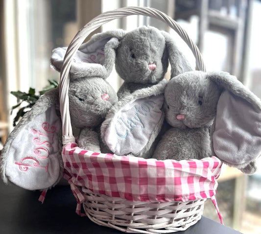 Personalized Gray Bunny Plush, Custom Embroidered Easter Basket Keepsake