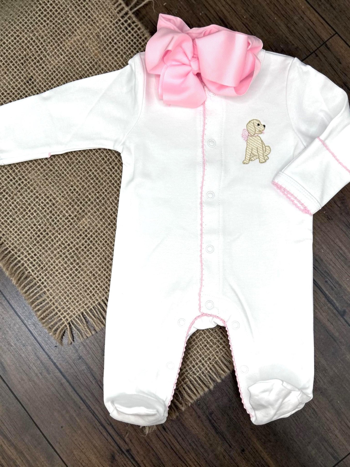 Personalized White Baby Footie, Pink Picot Trim, Embroidered Puppy Outfit, Newborn Girl Layette