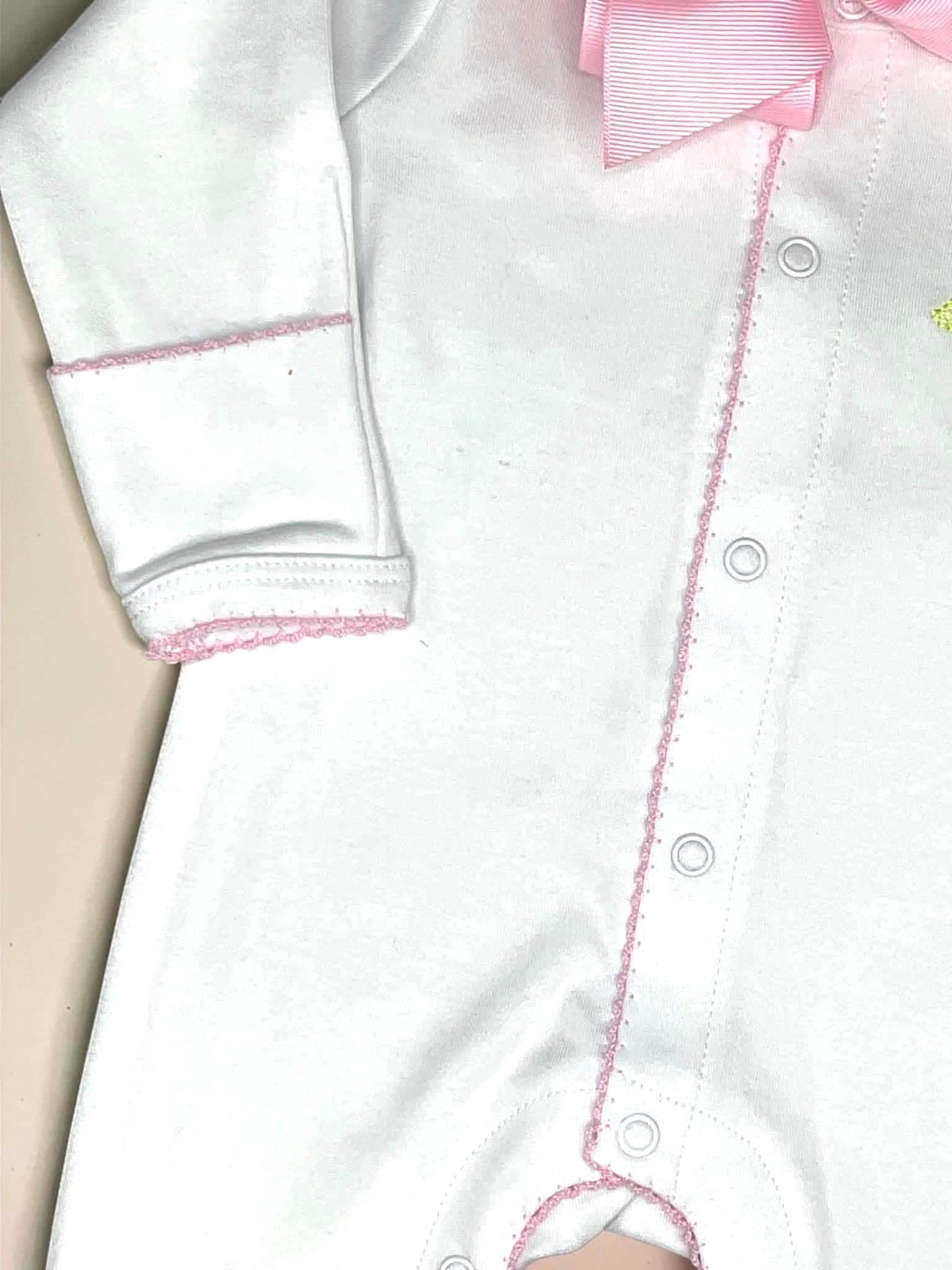 Personalized White Baby Footie, Pink Picot Trim, Embroidered Puppy Outfit, Newborn Girl Layette