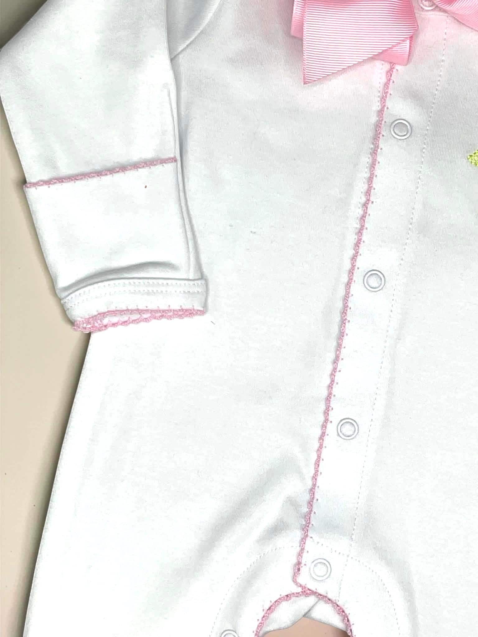 Personalized White Baby Footie, Pink Picot Trim, Embroidered Puppy Outfit, Newborn Girl Layette