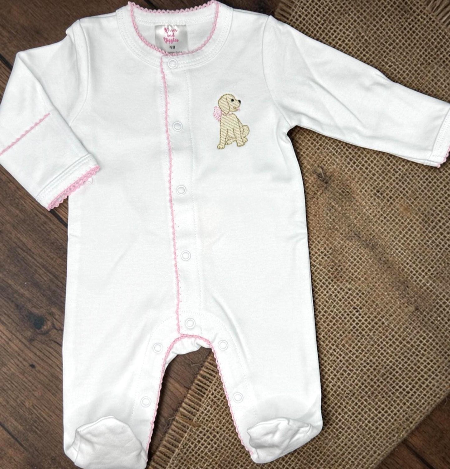 Personalized White Baby Footie, Pink Picot Trim, Embroidered Puppy Outfit, Newborn Girl Layette