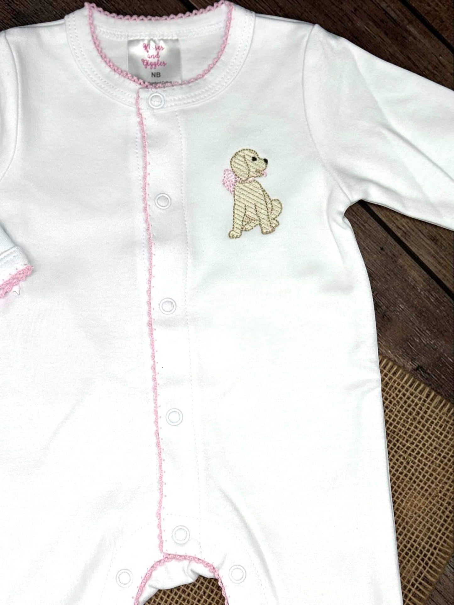 Personalized White Baby Footie, Pink Picot Trim, Embroidered Puppy Outfit, Newborn Girl Layette