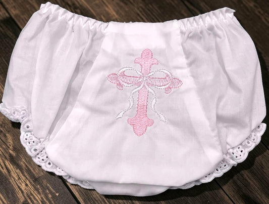Personalized Baptism Bloomers – Baby Girl Christening Diaper Cover with Pink Cross & Bow Embroidery