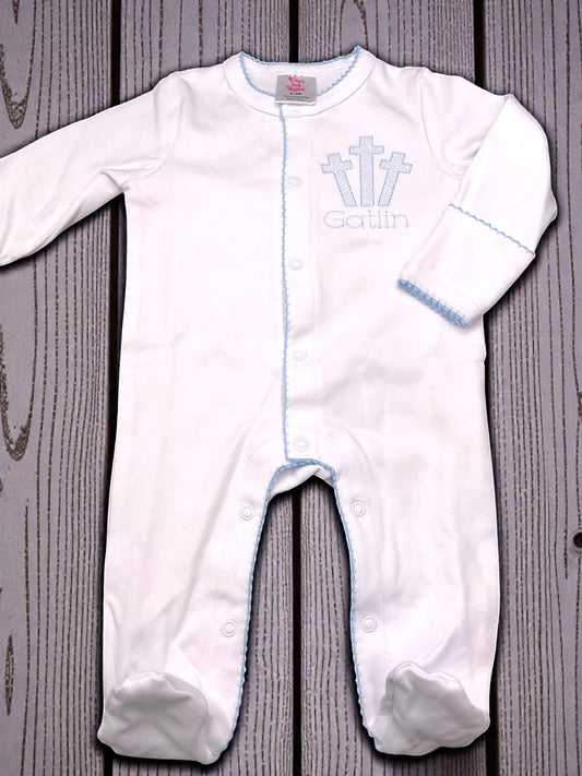 Heirloom Three Cross Baby Footie – Blue Picot Trim | Personalized Christian Newborn Outfit | Baptism Gift