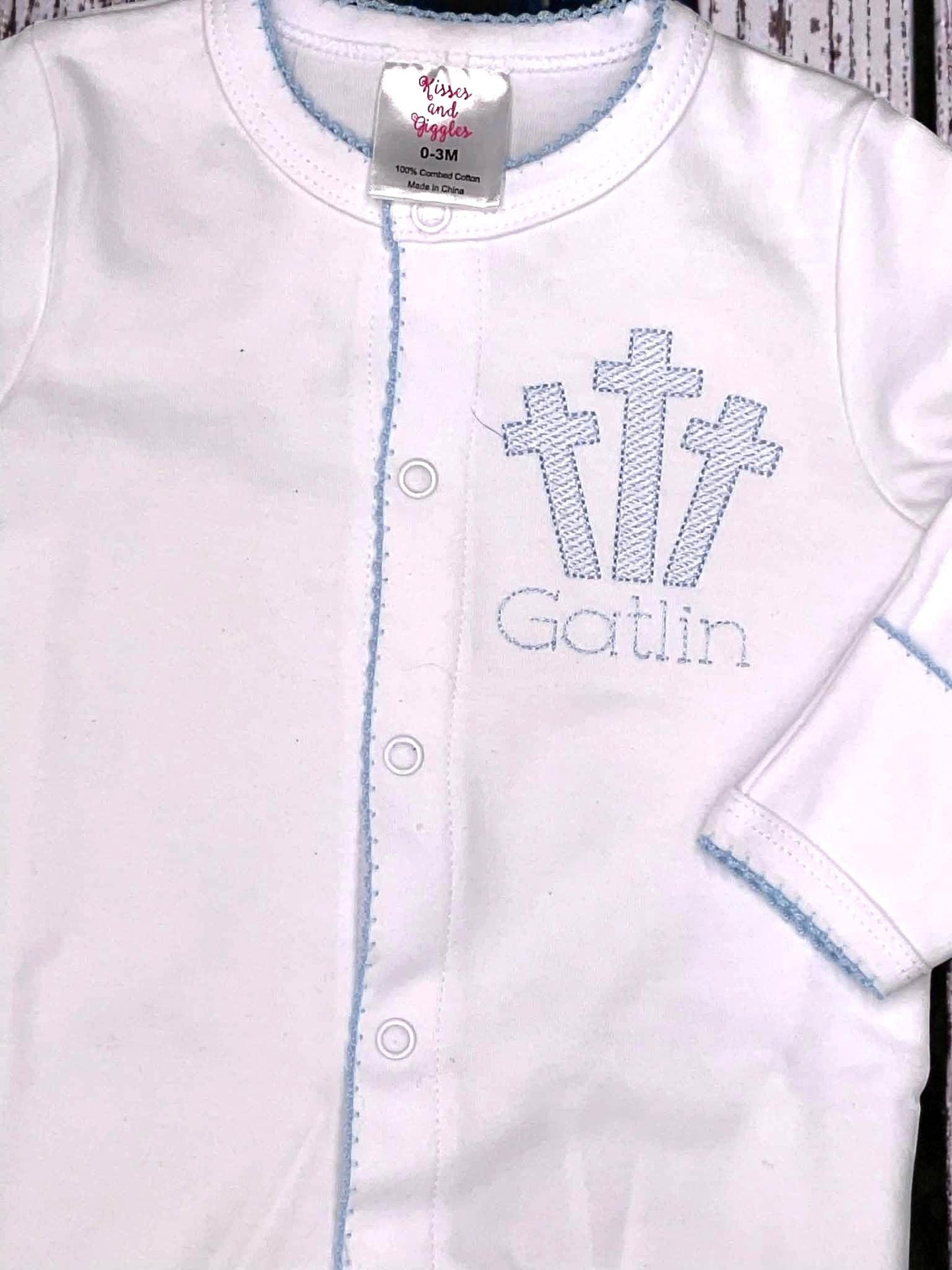 Heirloom Three Cross Baby Footie – Blue Picot Trim | Personalized Christian Newborn Outfit | Baptism Gift