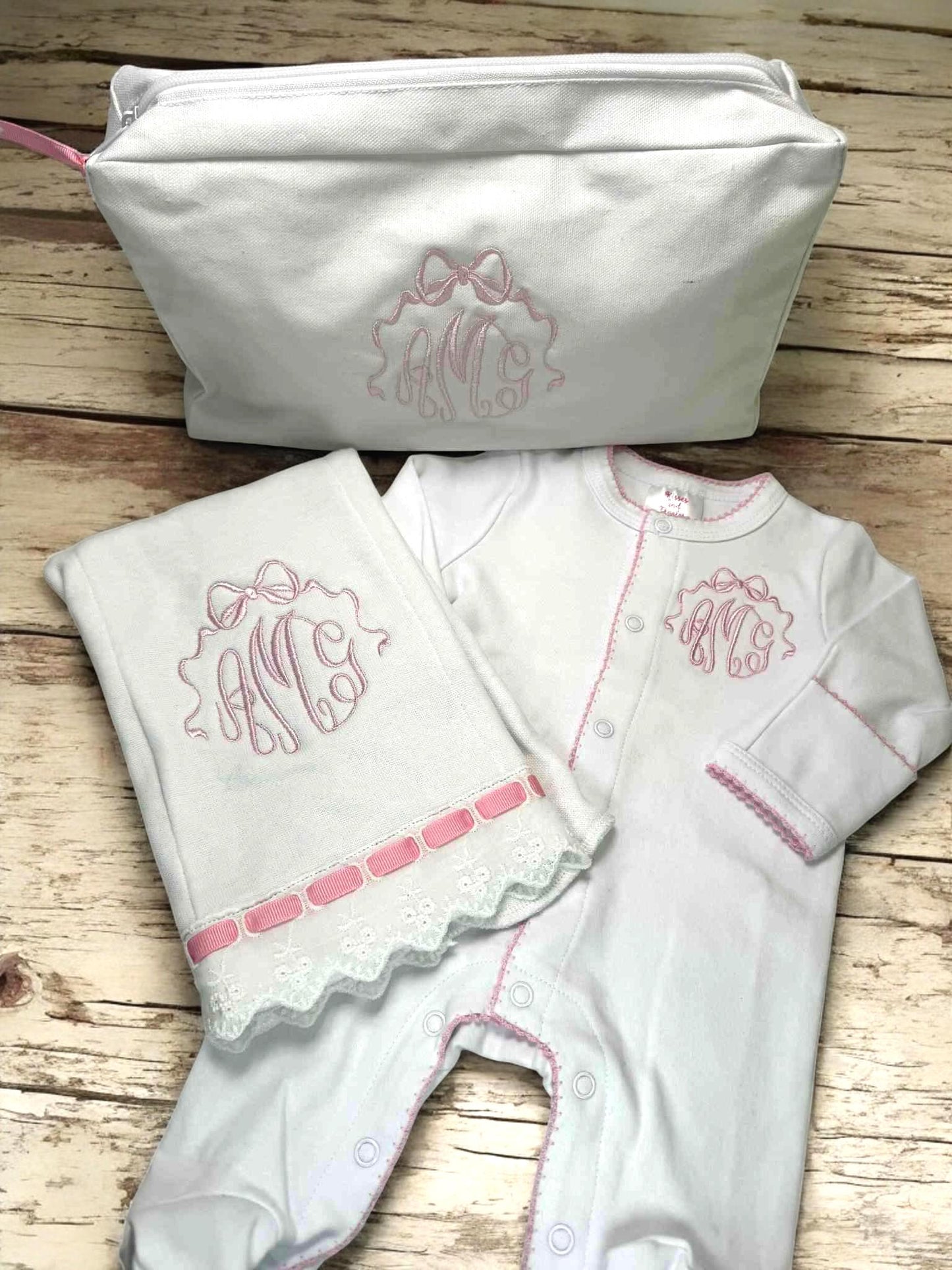 Personalized Baby Girl Footed Romper, Pink Picot Trim, Coming Home Outfit