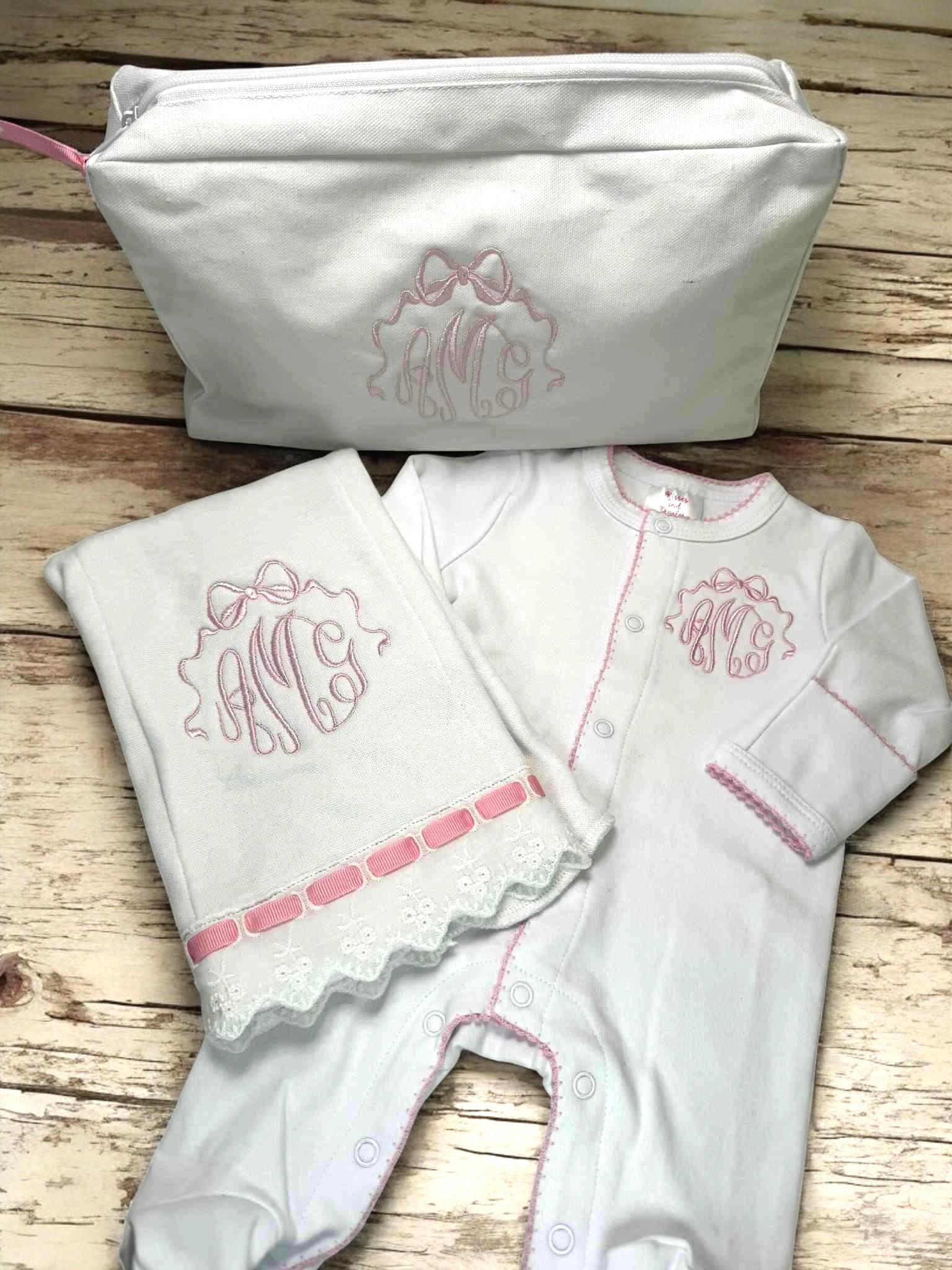 Personalized Baby Girl Footed Romper, Pink Picot Trim, Coming Home Outfit