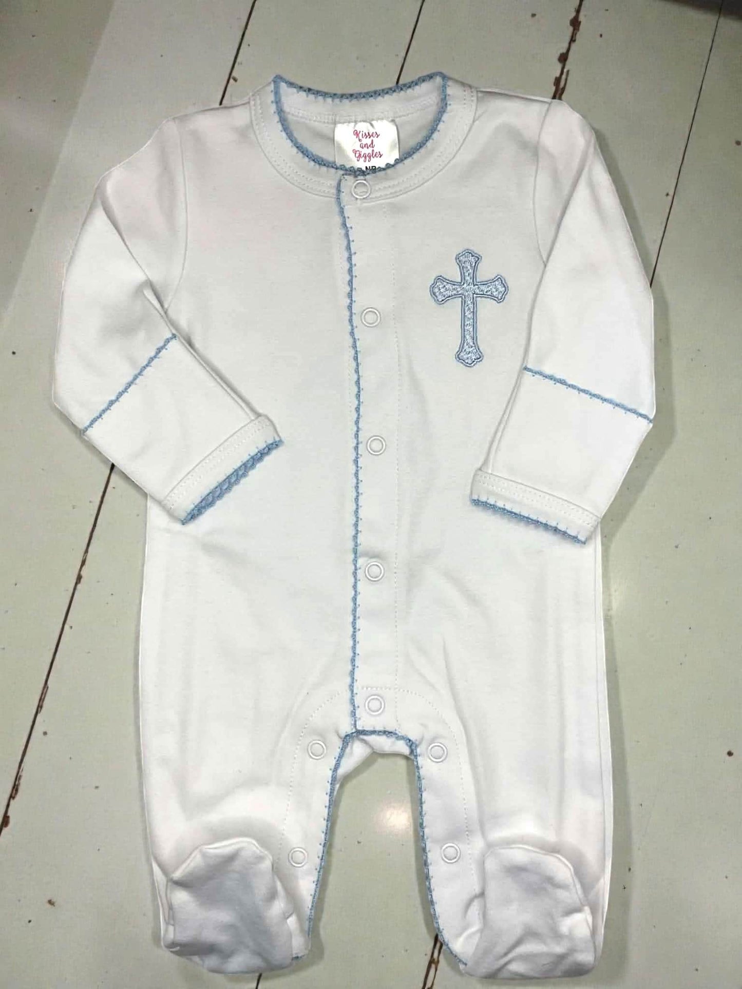 Heirloom Cross Baby Footie – Blue Picot Trim | Personalized Christian Newborn Outfit | Baptism Gift