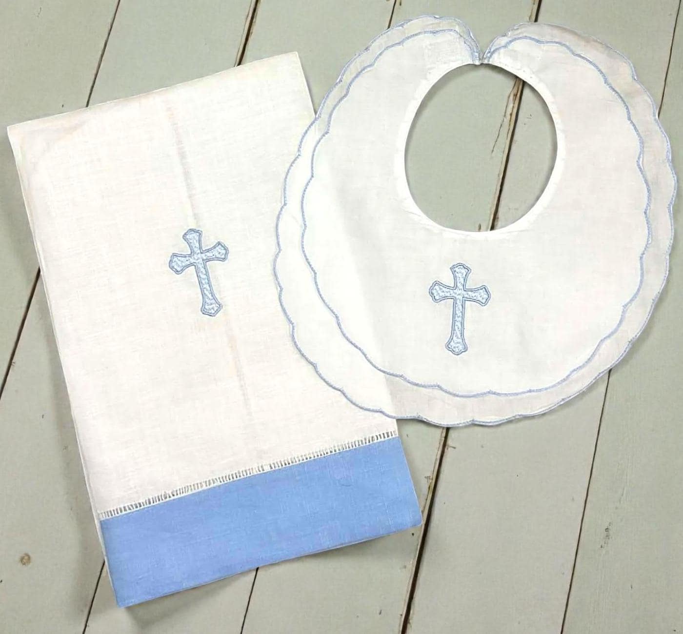 Heirloom Cross Baby Footie – Blue Picot Trim | Personalized Christian Newborn Outfit | Baptism Gift