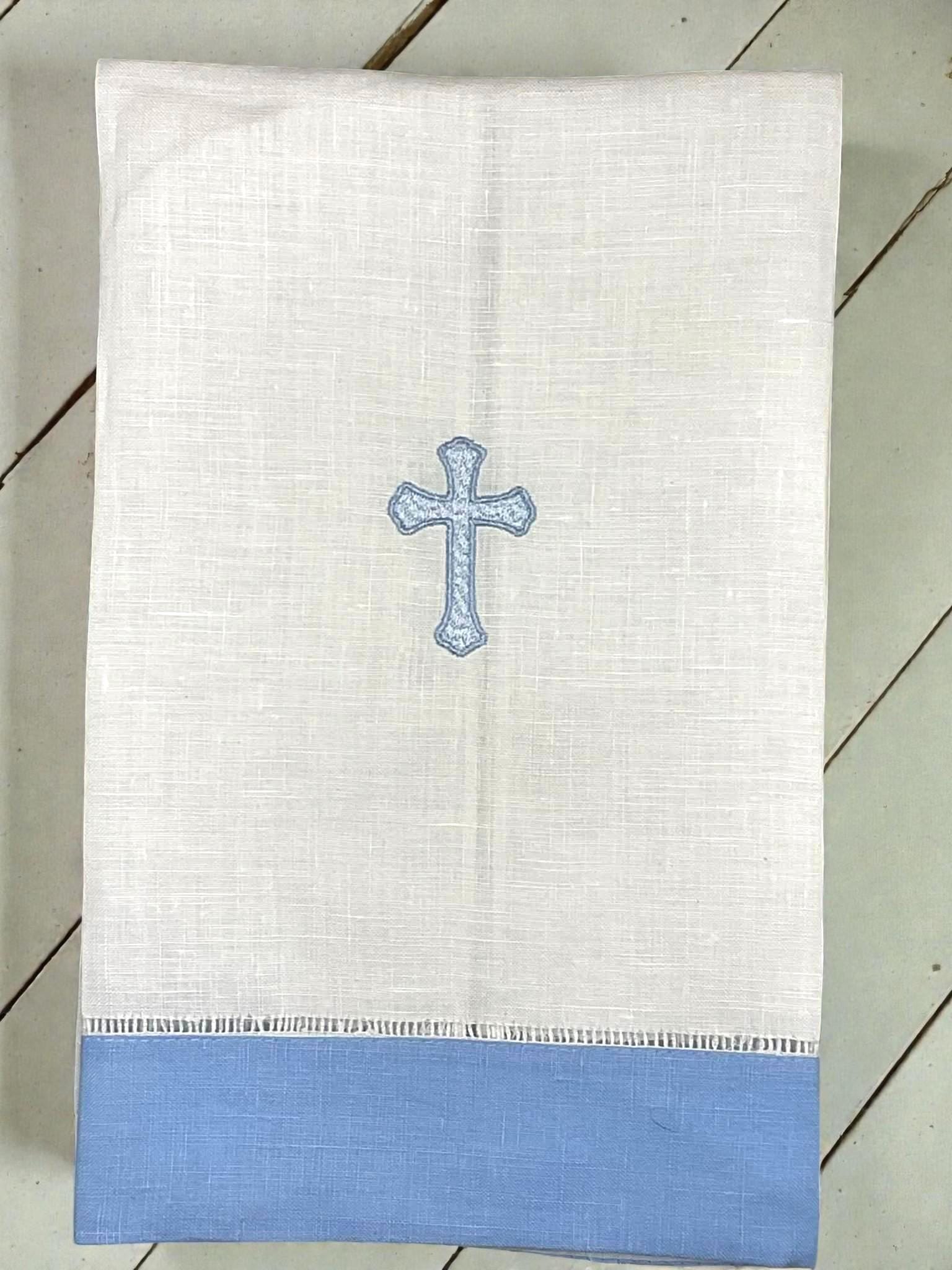Heirloom Cross Baby Footie – Blue Picot Trim | Personalized Christian Newborn Outfit | Baptism Gift