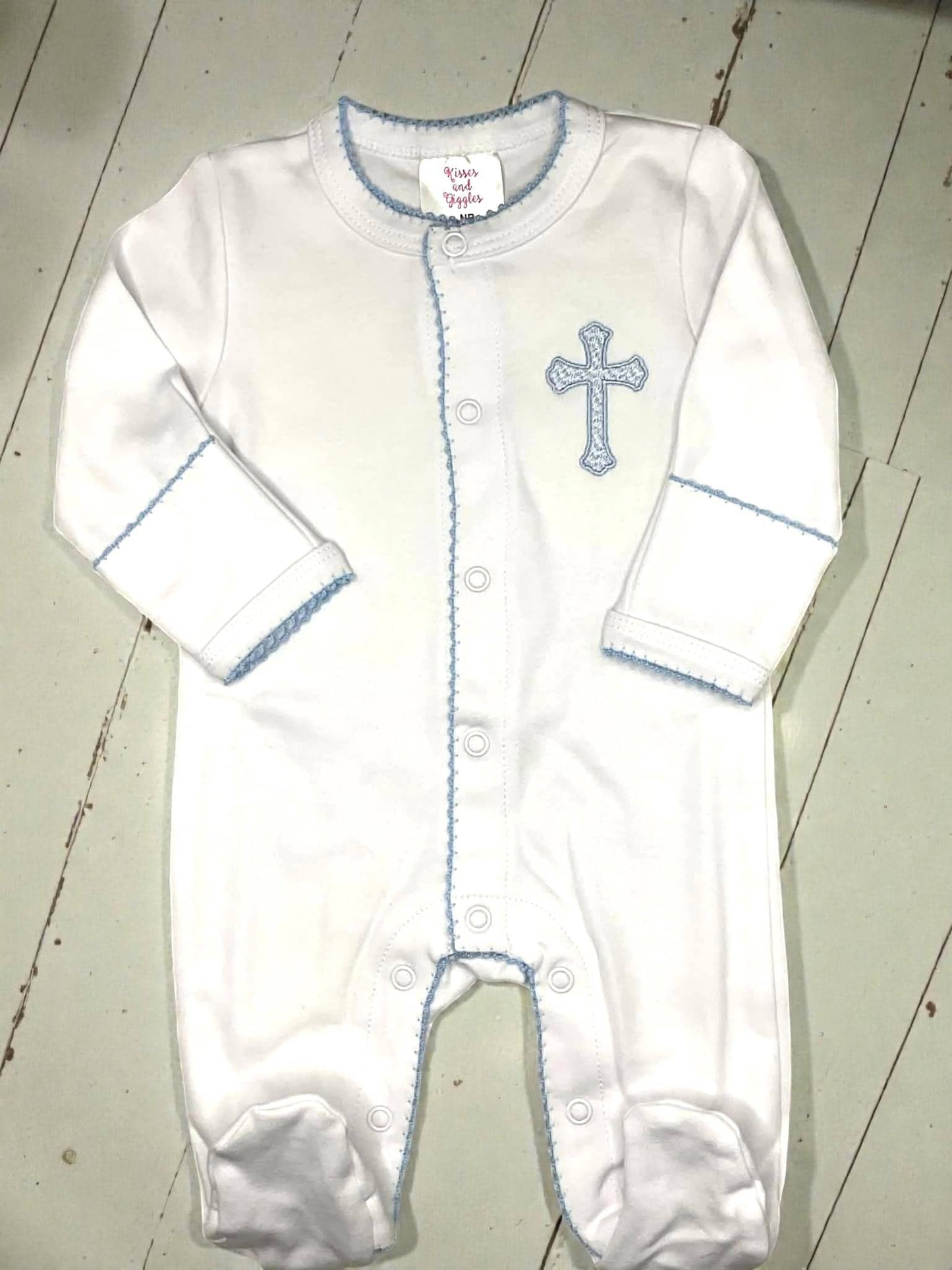 Heirloom Cross Baby Footie – Blue Picot Trim | Personalized Christian Newborn Outfit | Baptism Gift