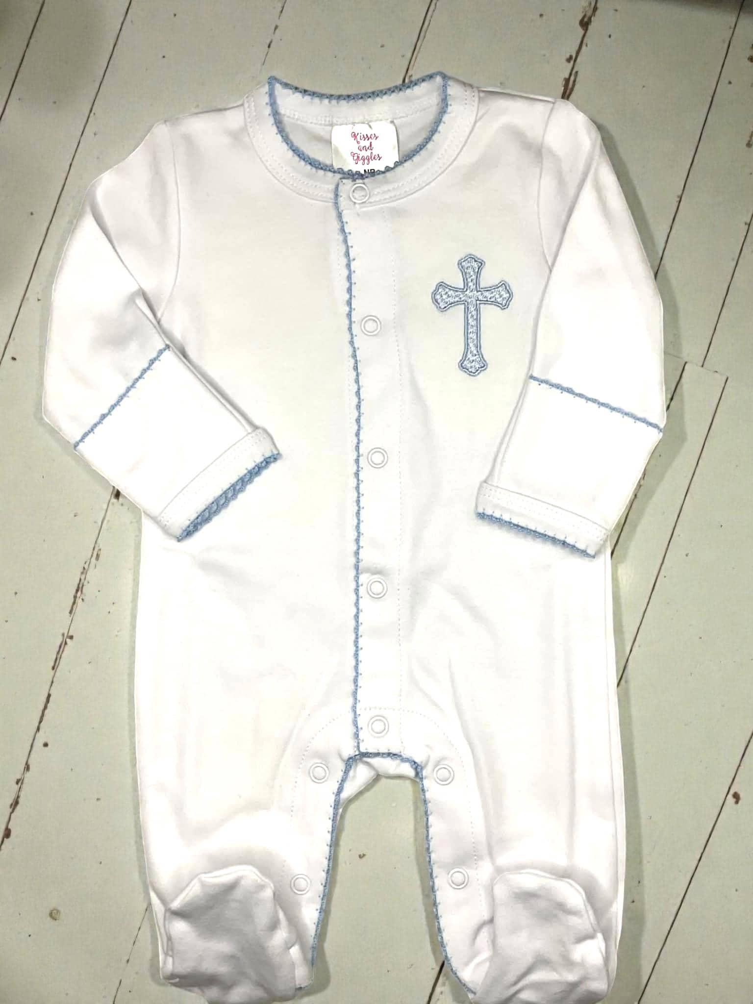 Heirloom Cross Baby Footie – Blue Picot Trim | Personalized Christian Newborn Outfit | Baptism Gift