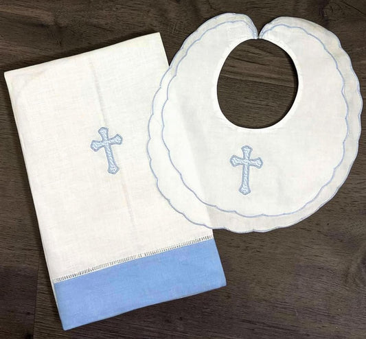 Personalized Embroidered Blue Scalloped Bib and Burp Cloth Set – Baptism Gift