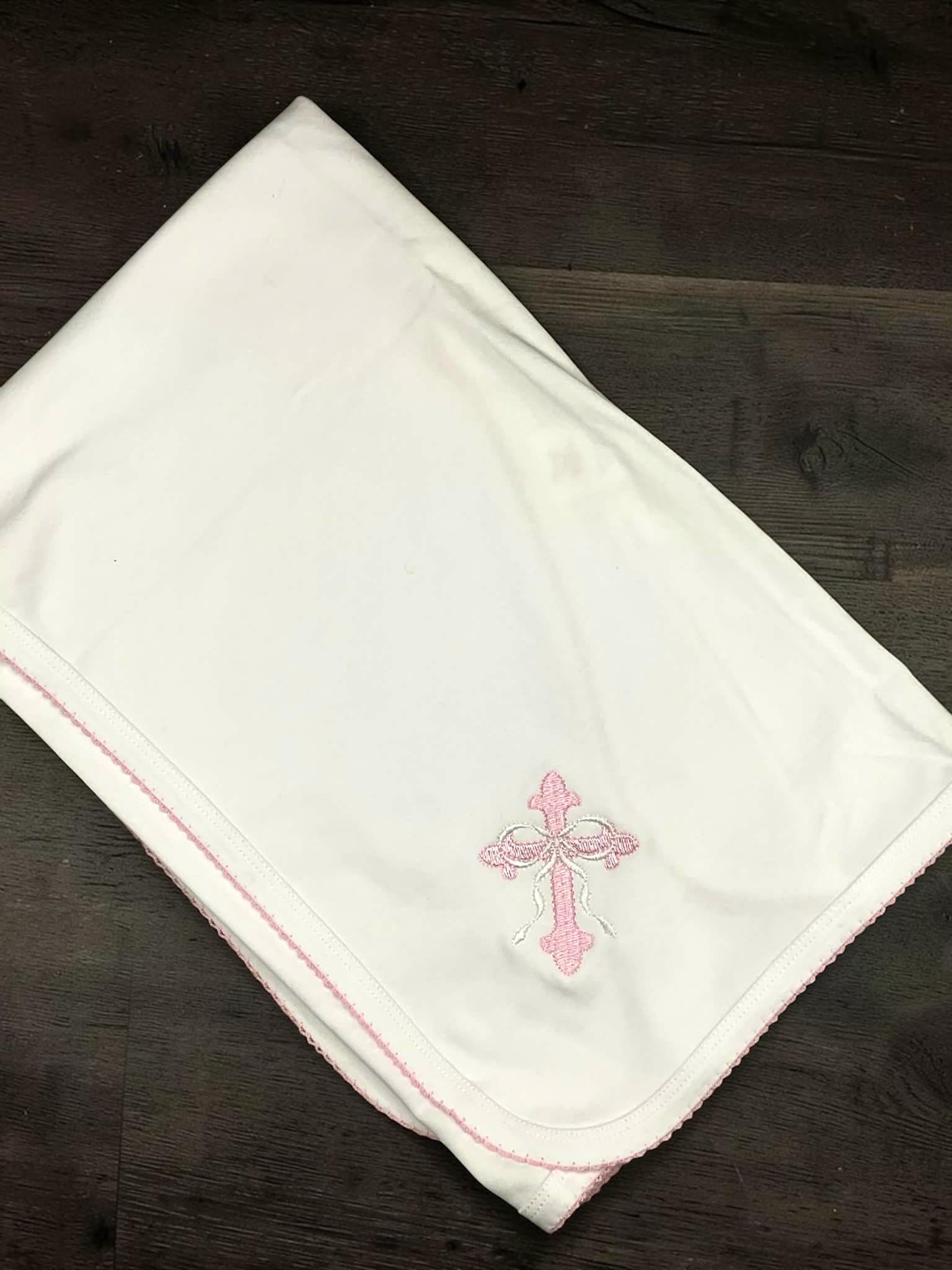Heirloom Cross Baby Footie –Pink Picot Trim | Personalized Christian Newborn Outfit | Baptism Gift