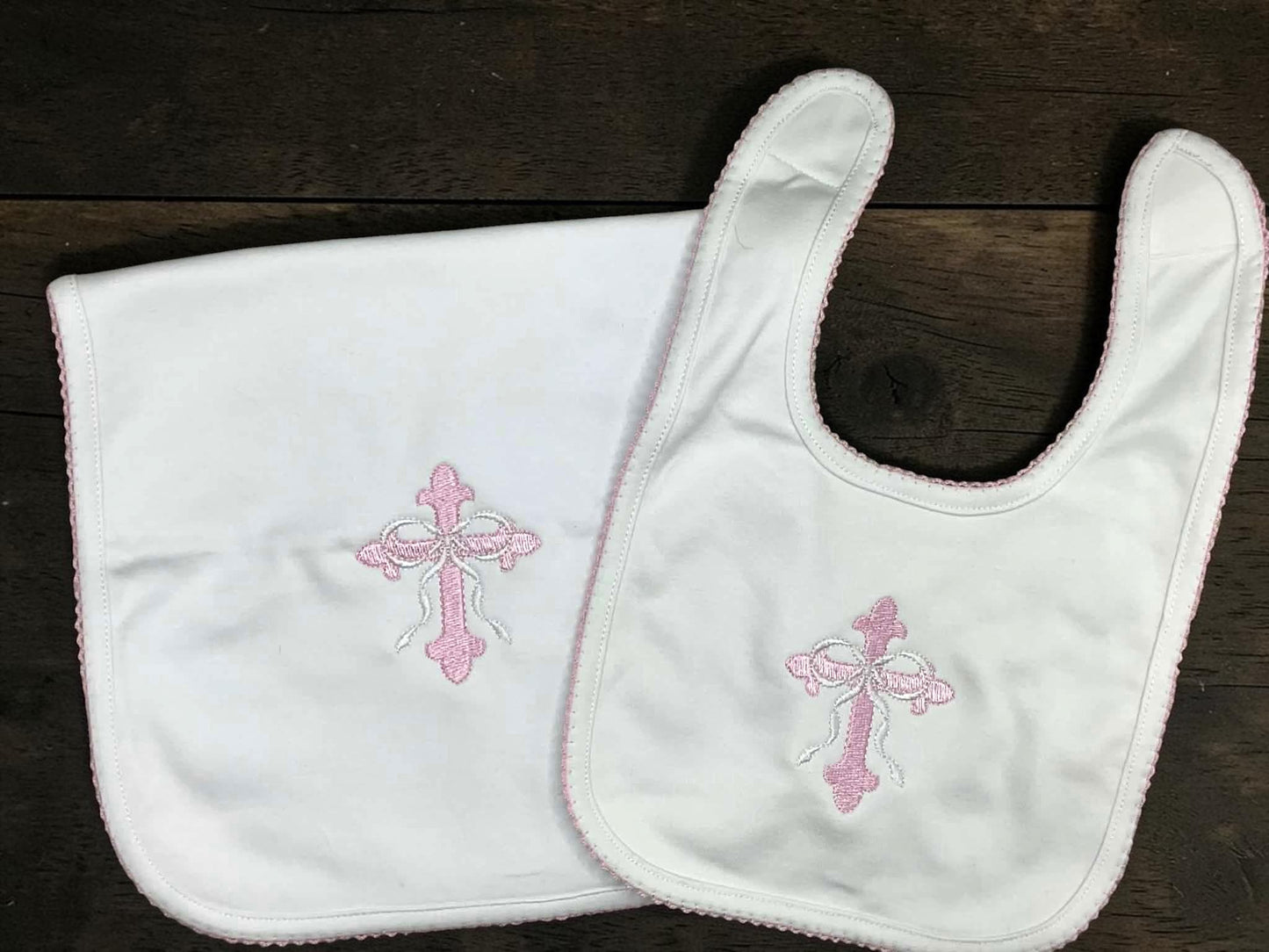 Heirloom Cross Baby Footie –Pink Picot Trim | Personalized Christian Newborn Outfit | Baptism Gift