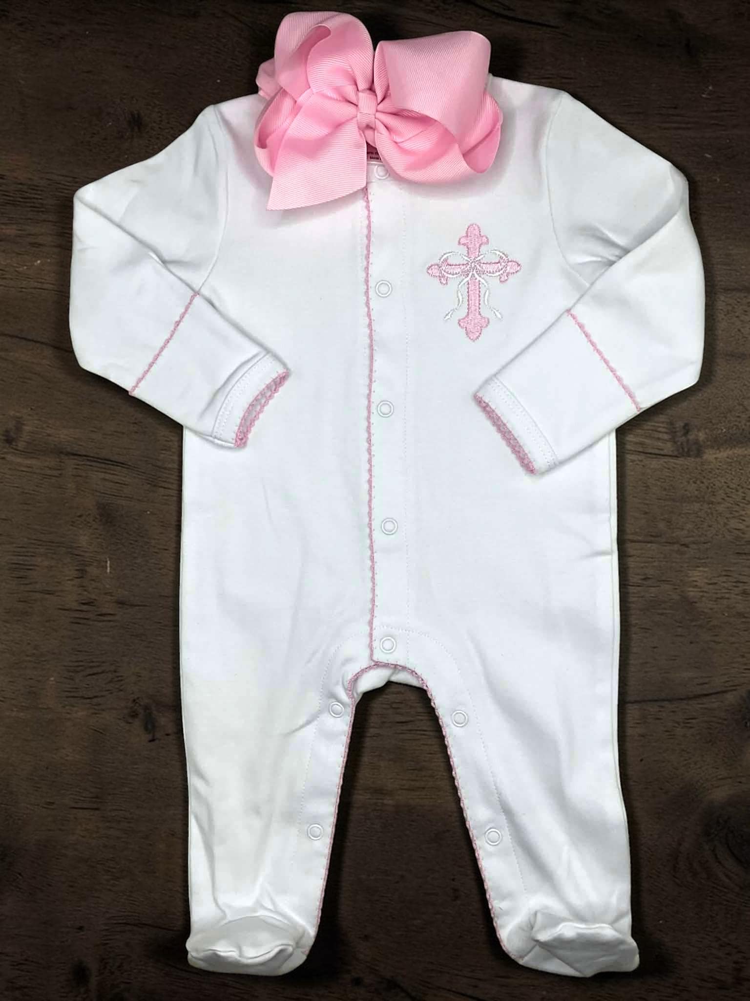 Heirloom Cross Baby Footie –Pink Picot Trim | Personalized Christian Newborn Outfit | Baptism Gift