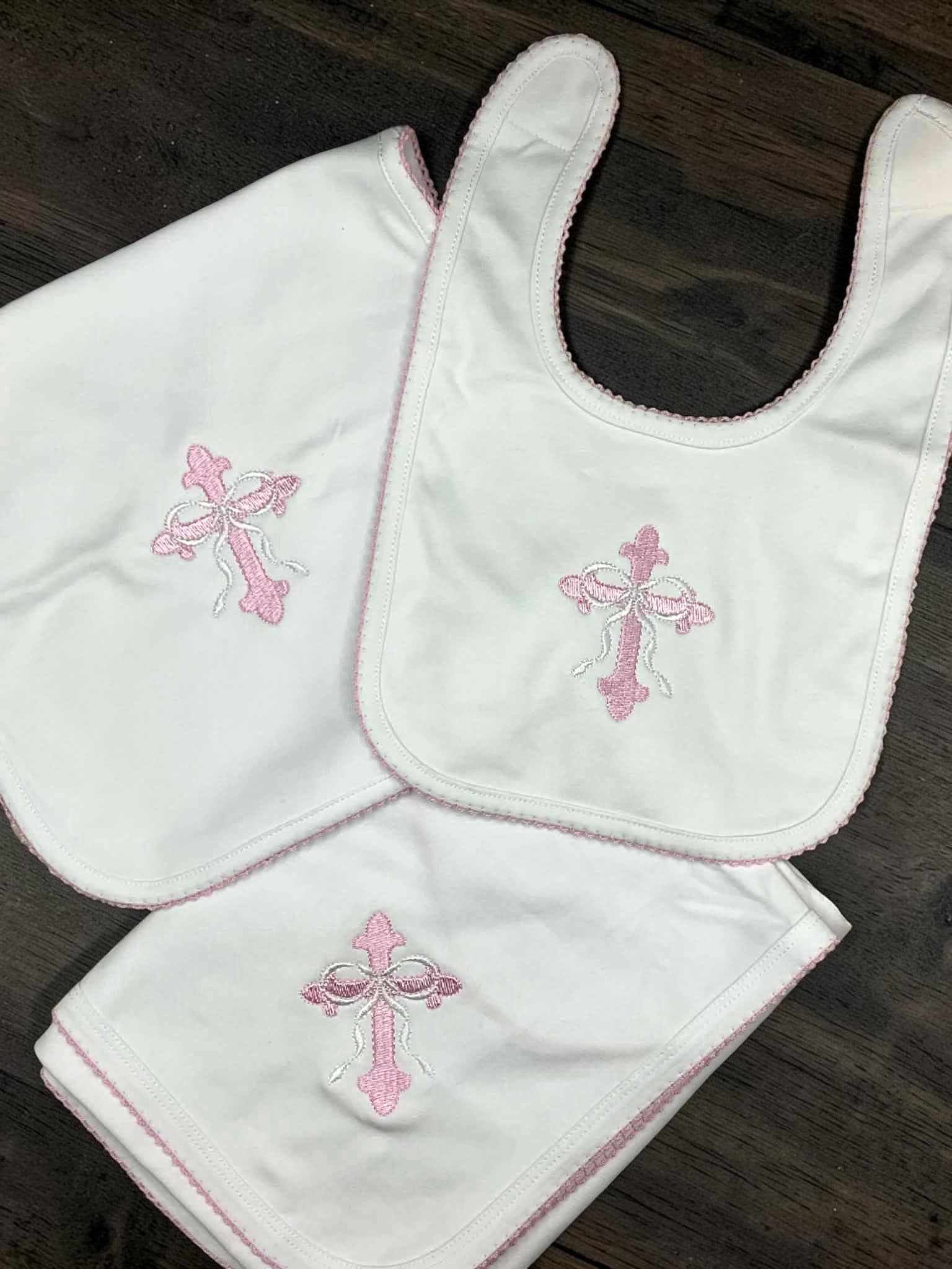 Heirloom Cross Baby Footie –Pink Picot Trim | Personalized Christian Newborn Outfit | Baptism Gift
