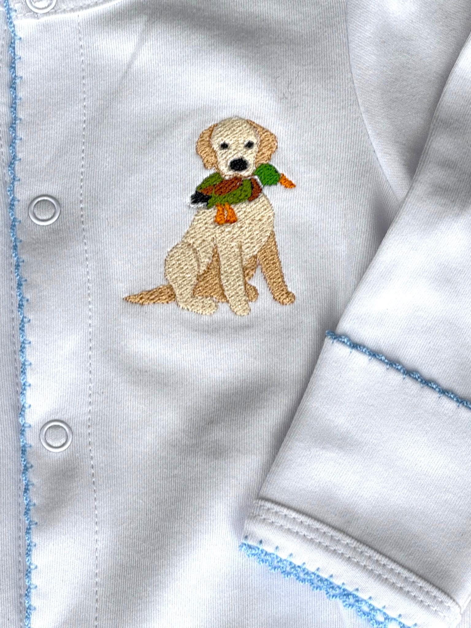 Embroidered Puppy with Duck Footie, Blue Picot Trim, Personalized Newborn Cotton Footie