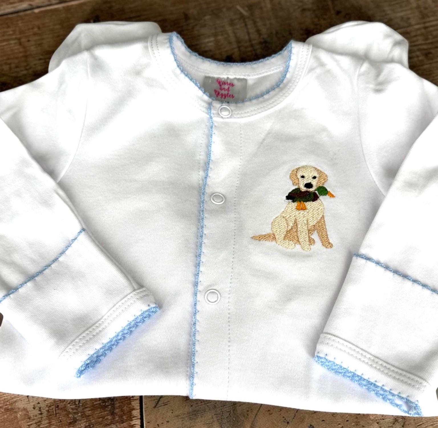Embroidered Puppy with Duck Footie, Blue Picot Trim, Personalized Newborn Cotton Footie
