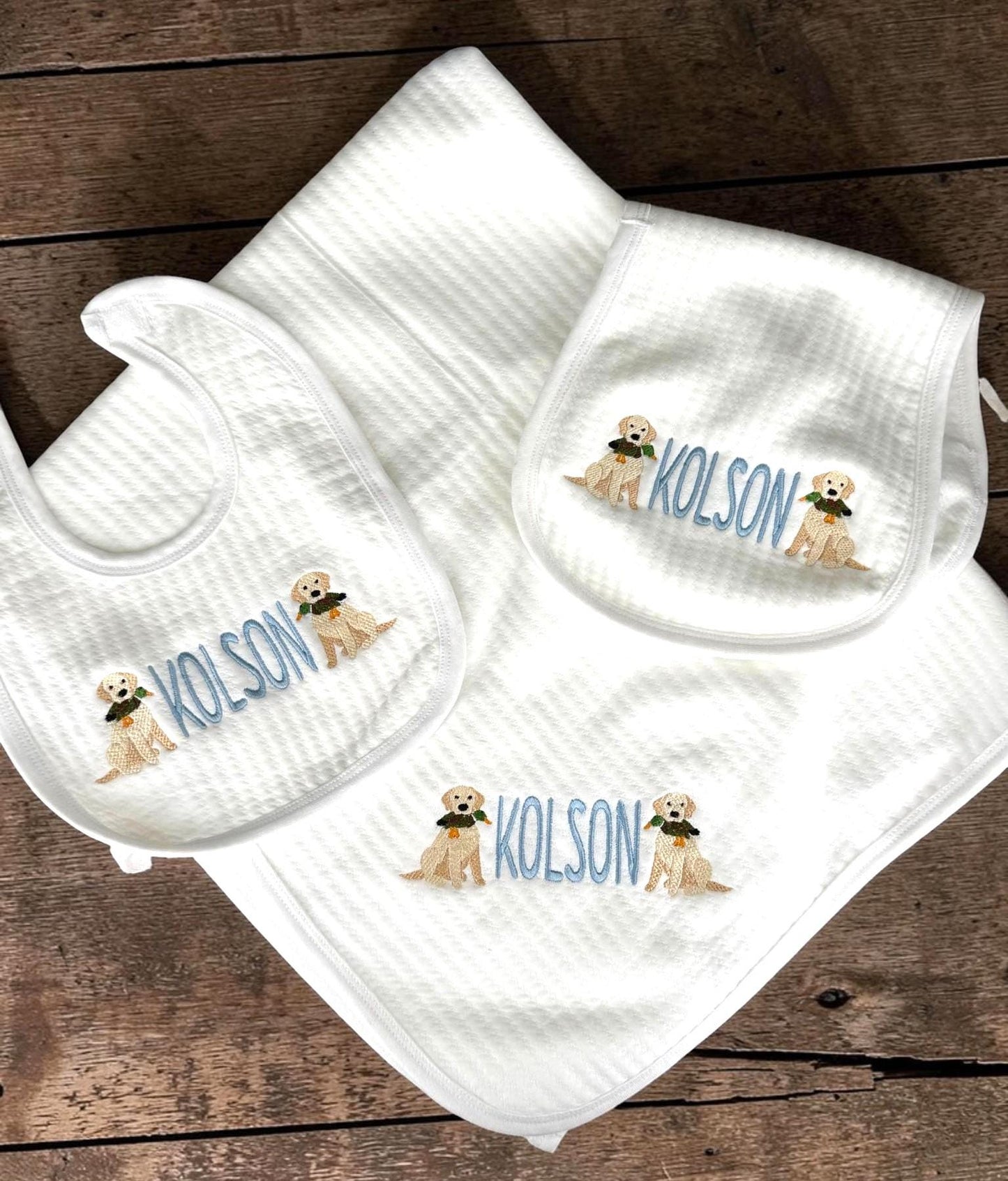 Personalized Puppy & Duck Baby Footie, Baby Blanket Bib Burp Cloth, Boy Newborn Gift