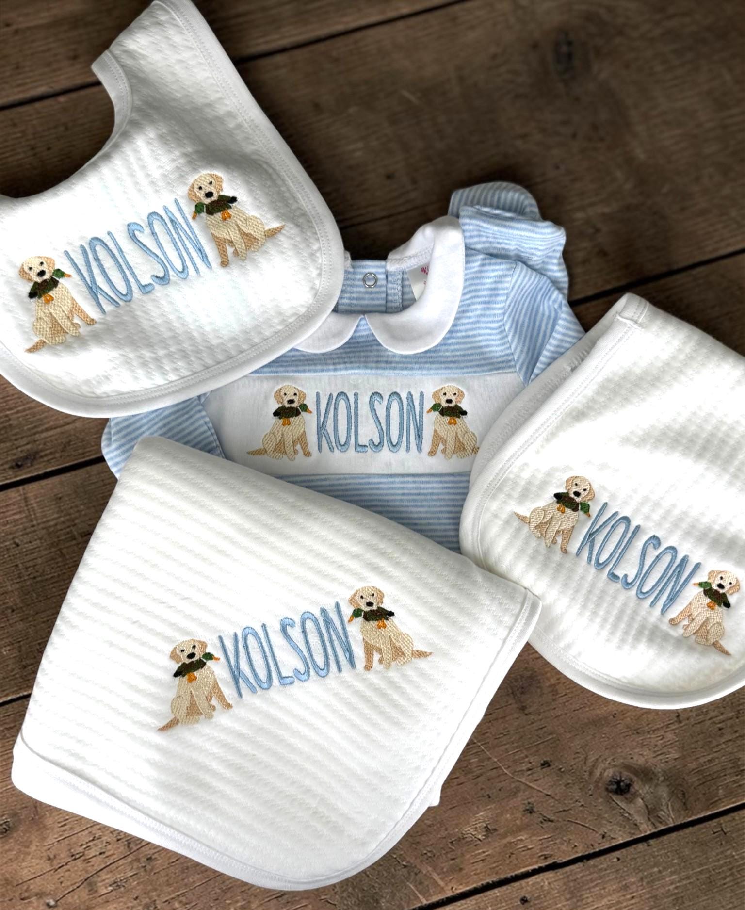 Personalized Puppy & Duck Baby Footie, Baby Blanket Bib Burp Cloth, Boy Newborn Gift