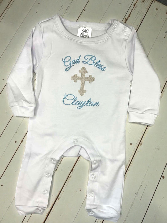Personalized God Bless Baby Romper | Embroidered Cross Christening Outfit