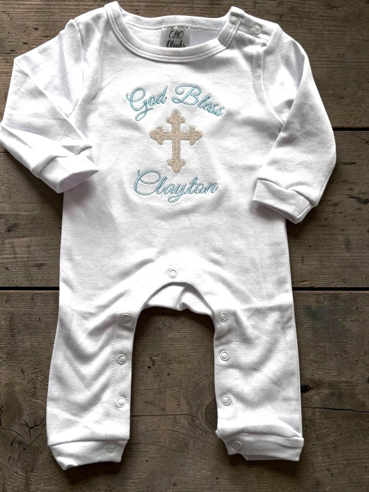Personalized God Bless Baby Romper | Embroidered Cross Christening Outfit