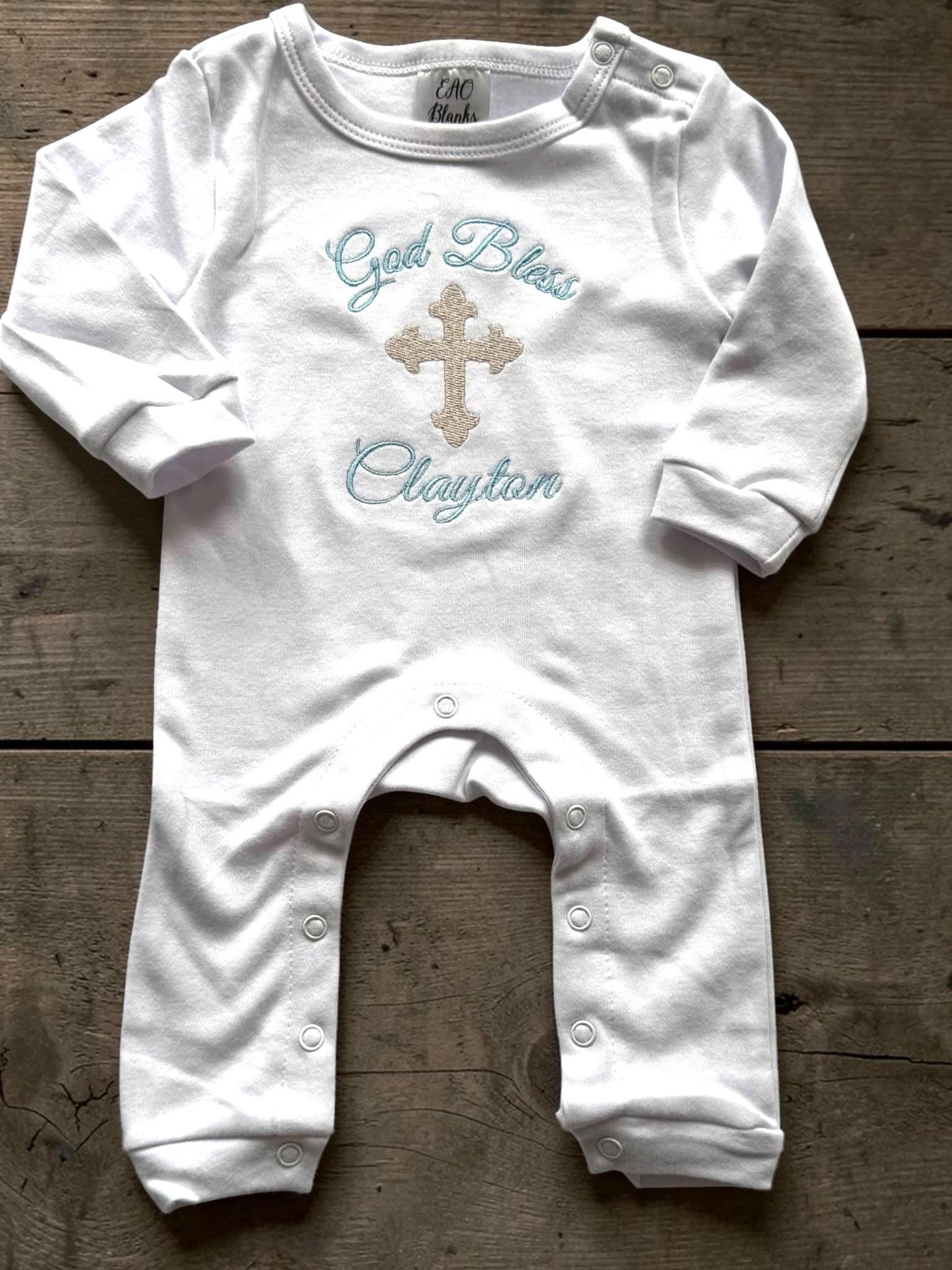Personalized God Bless Baby Romper | Embroidered Cross Christening Outfit