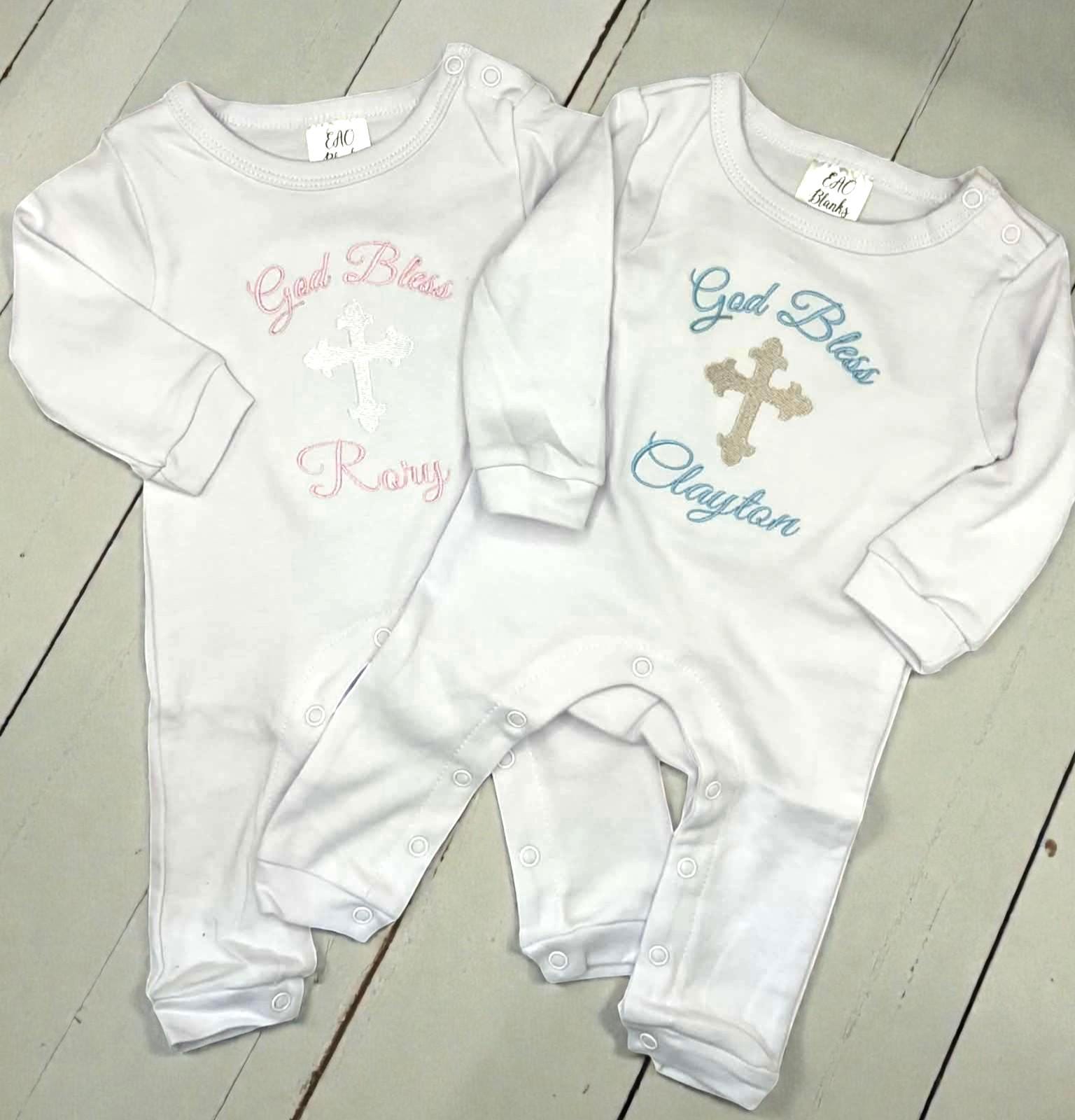 Personalized God Bless Baby Romper | Embroidered Cross Christening Outfit