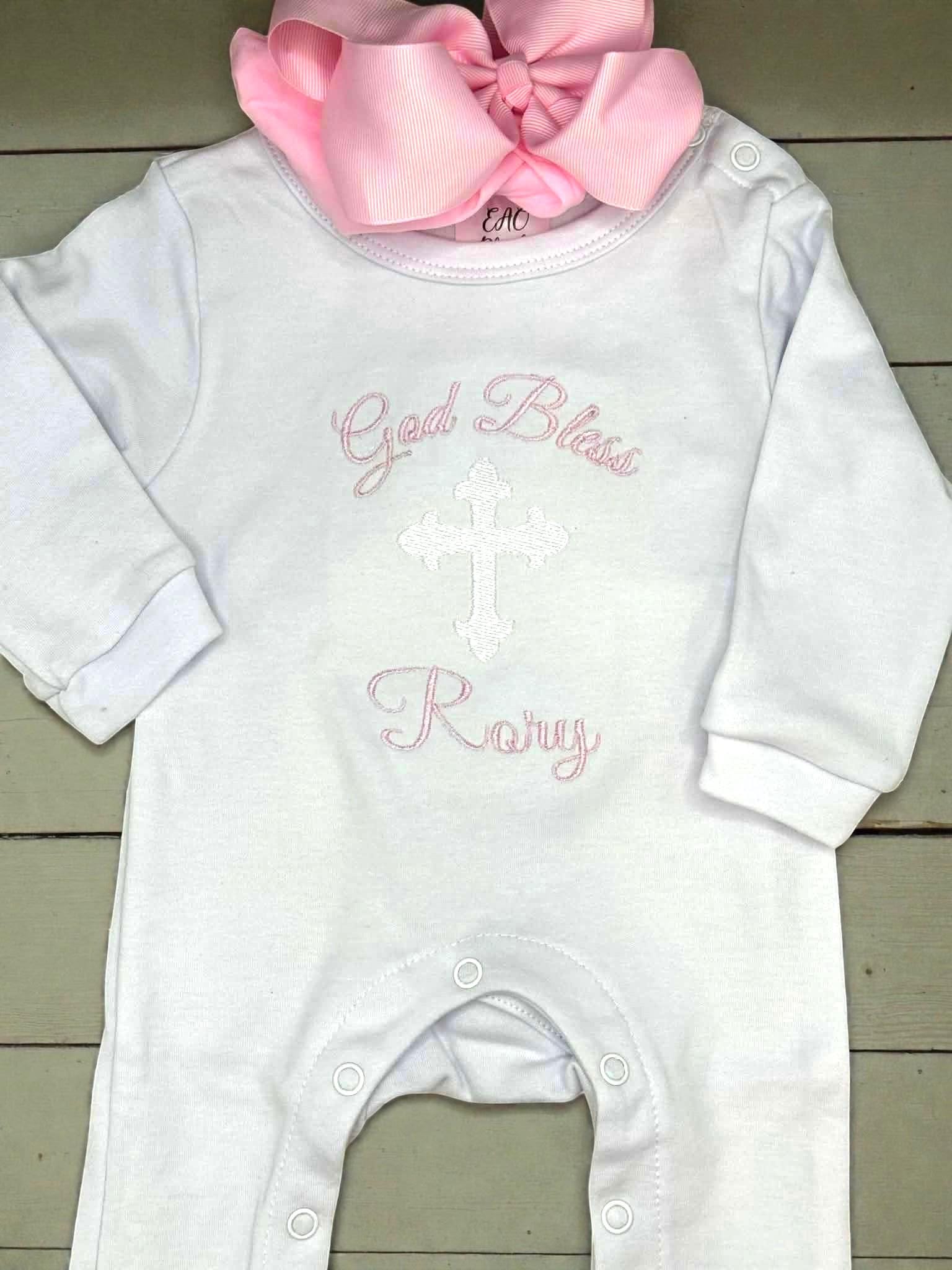 Personalized God Bless Baby Girl Romper | Embroidered Cross Christening Outfit