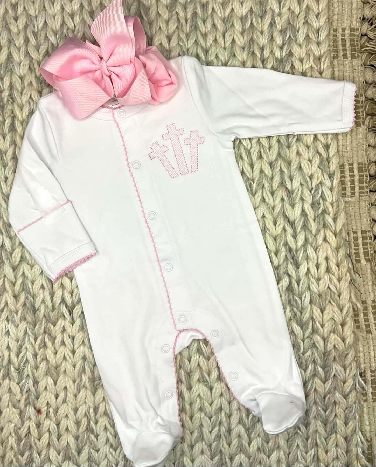 Heirloom Three Cross Baby Footie – Blue Picot Trim | Personalized Christian Newborn Outfit | Baptism Gift