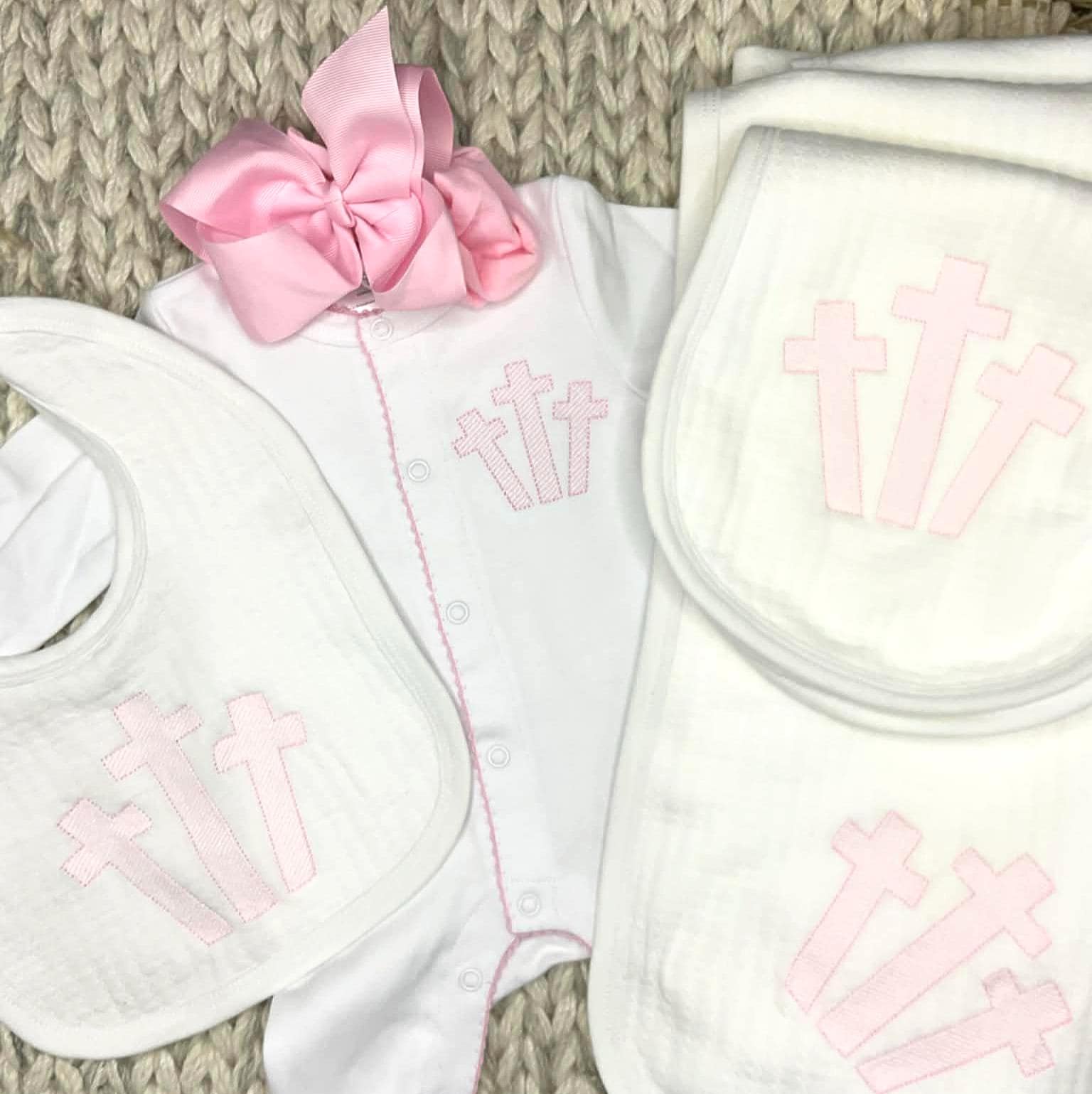 Heirloom Three Cross Baby Footie – Blue Picot Trim | Personalized Christian Newborn Outfit | Baptism Gift