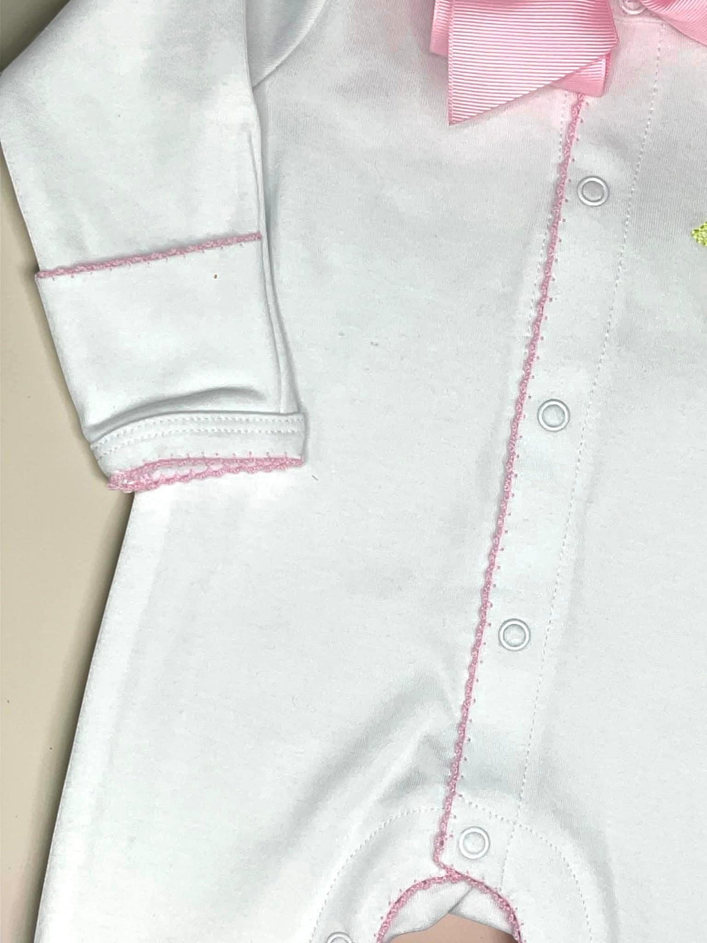 Heirloom Three Cross Baby Footie – Blue Picot Trim | Personalized Christian Newborn Outfit | Baptism Gift