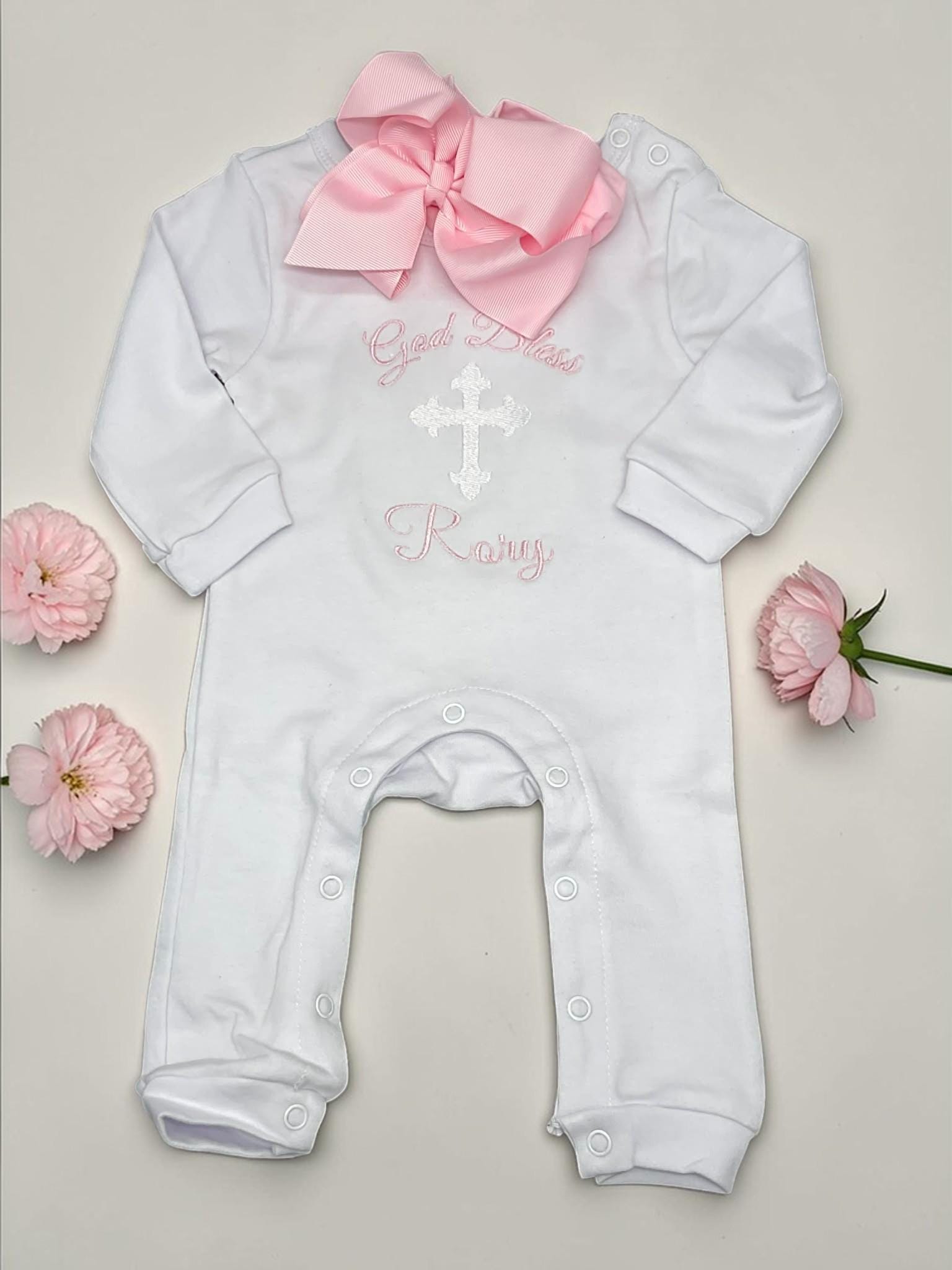 Personalized God Bless Baby Girl Romper | Embroidered Cross Christening Outfit