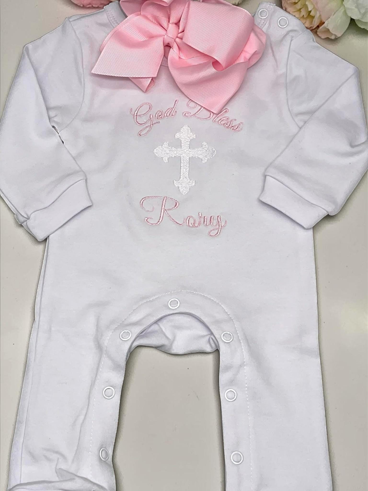Personalized God Bless Baby Girl Romper | Embroidered Cross Christening Outfit