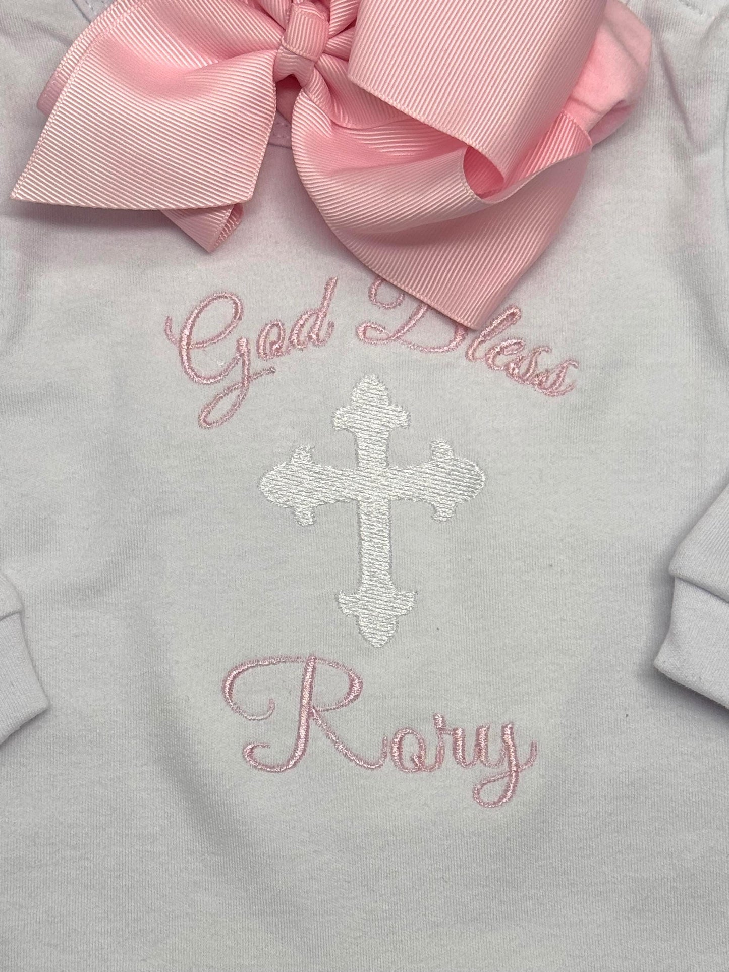 Personalized God Bless Baby Girl Romper | Embroidered Cross Christening Outfit