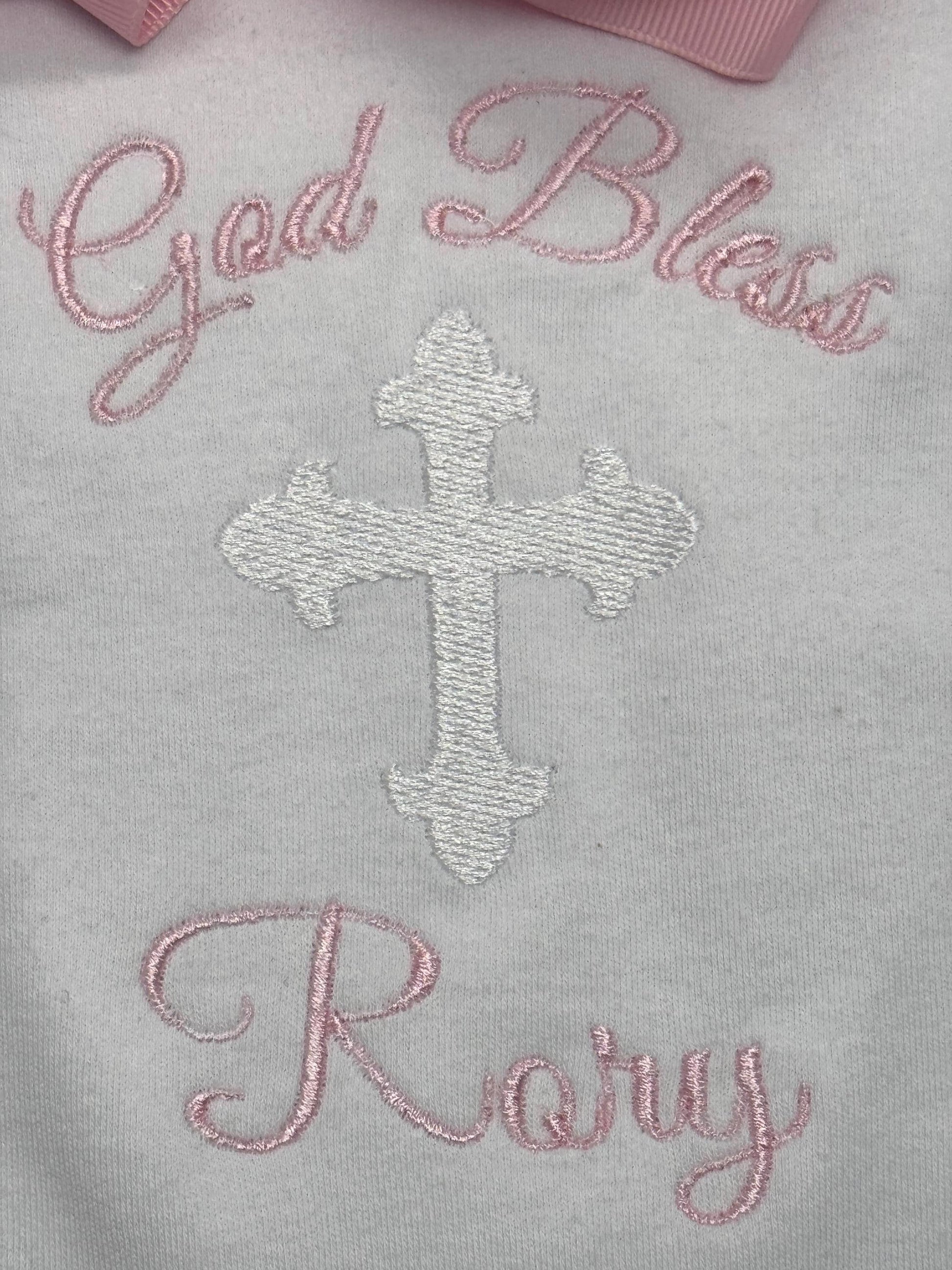 Personalized God Bless Baby Girl Romper | Embroidered Cross Christening Outfit