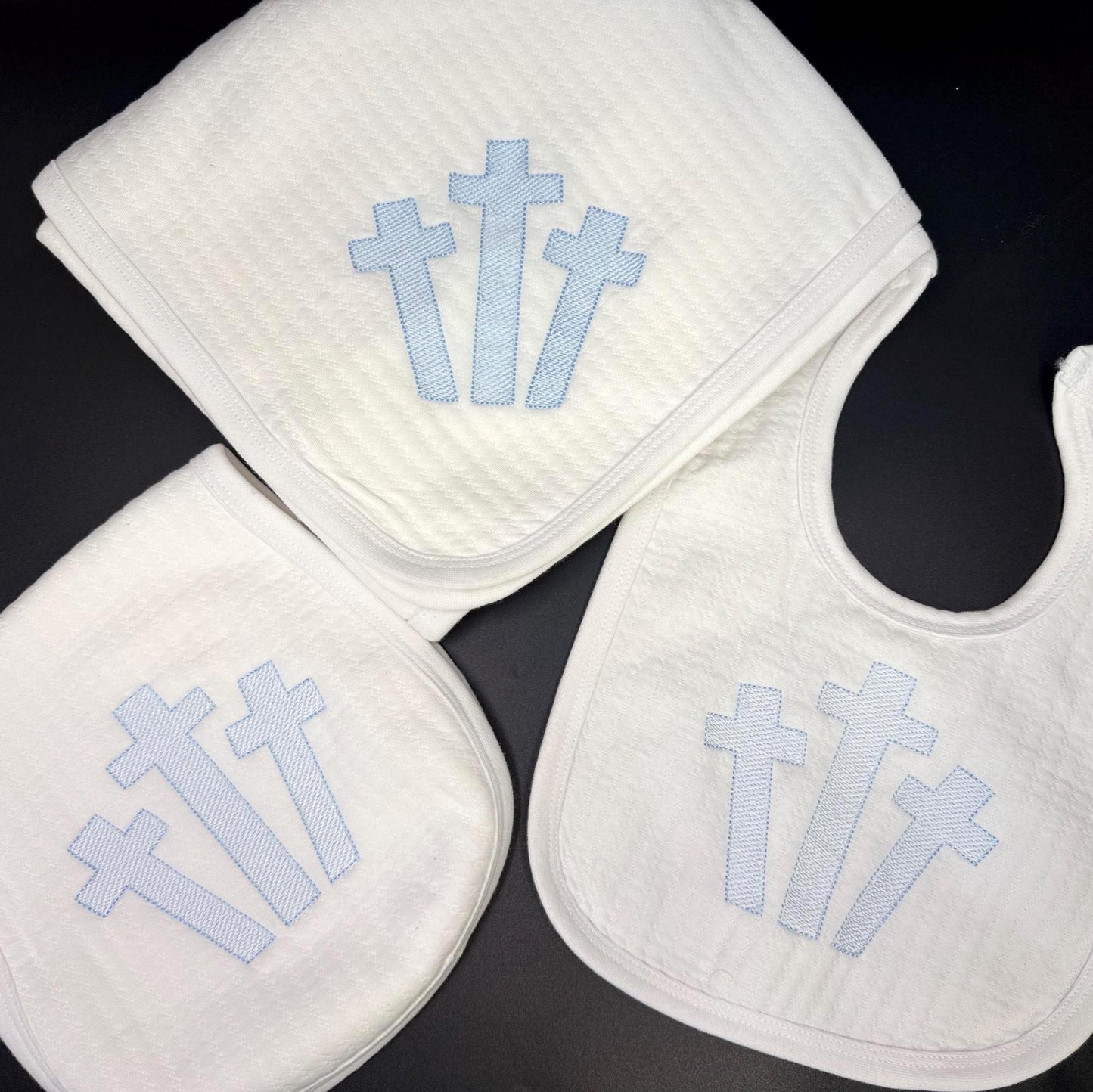 Embroidered Cross Baby Bib, Burp Cloth, Blanket Set, Baptism Gift